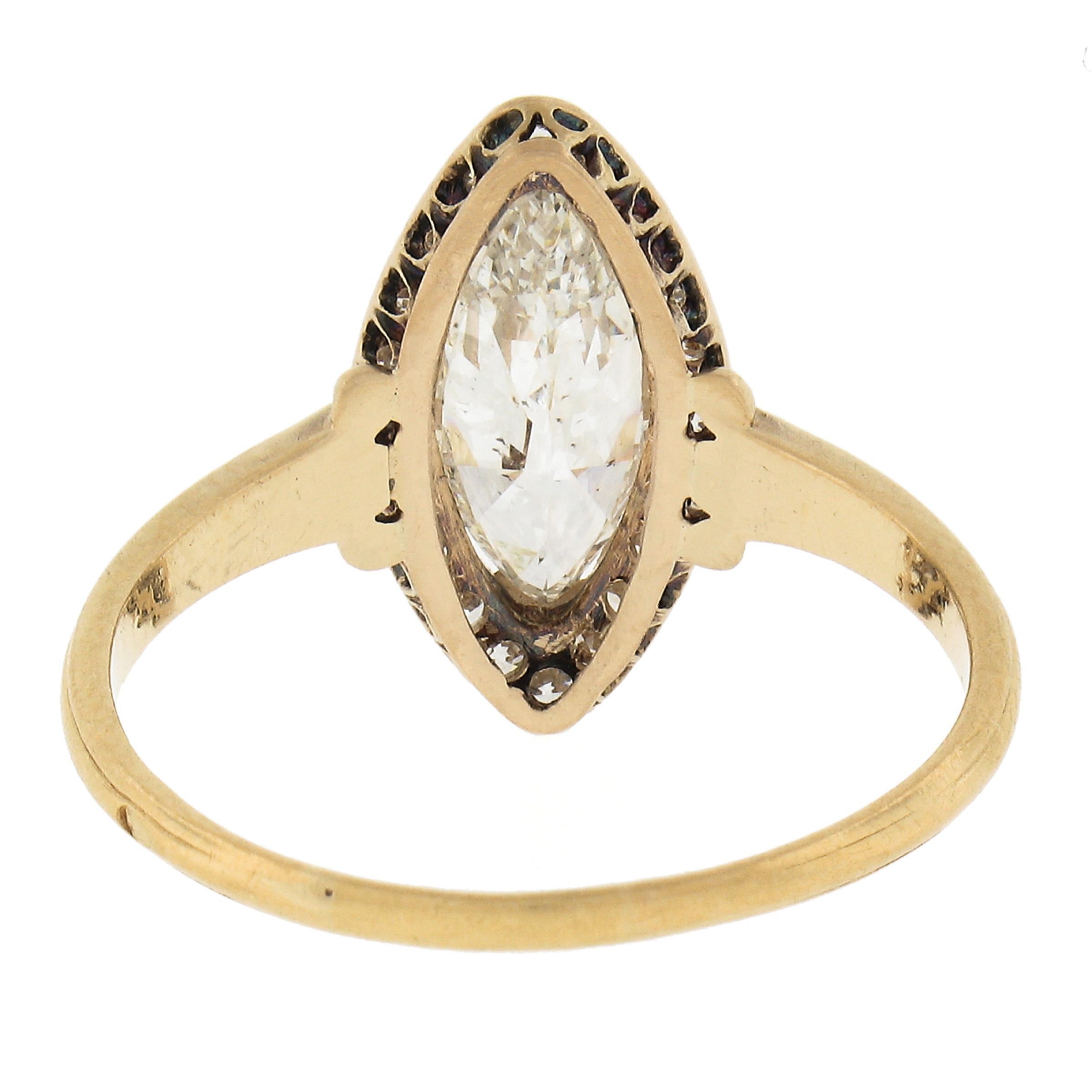 Antique French 18k Yellow Gold 1.43ctw Marquise Diamond Halo low Engagement Ring For Sale 2