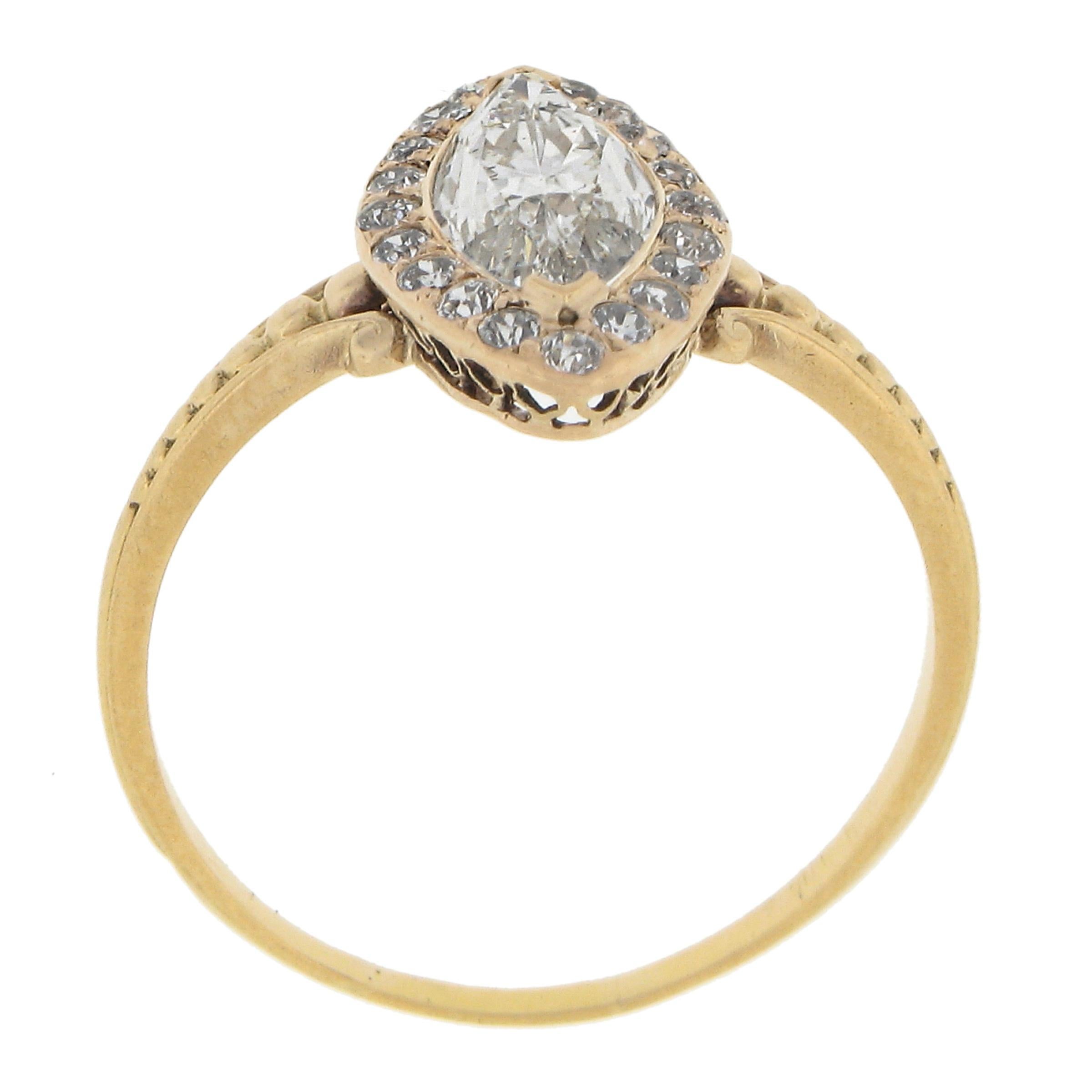 Antique French 18k Yellow Gold 1.43ctw Marquise Diamond Halo low Engagement Ring For Sale 3