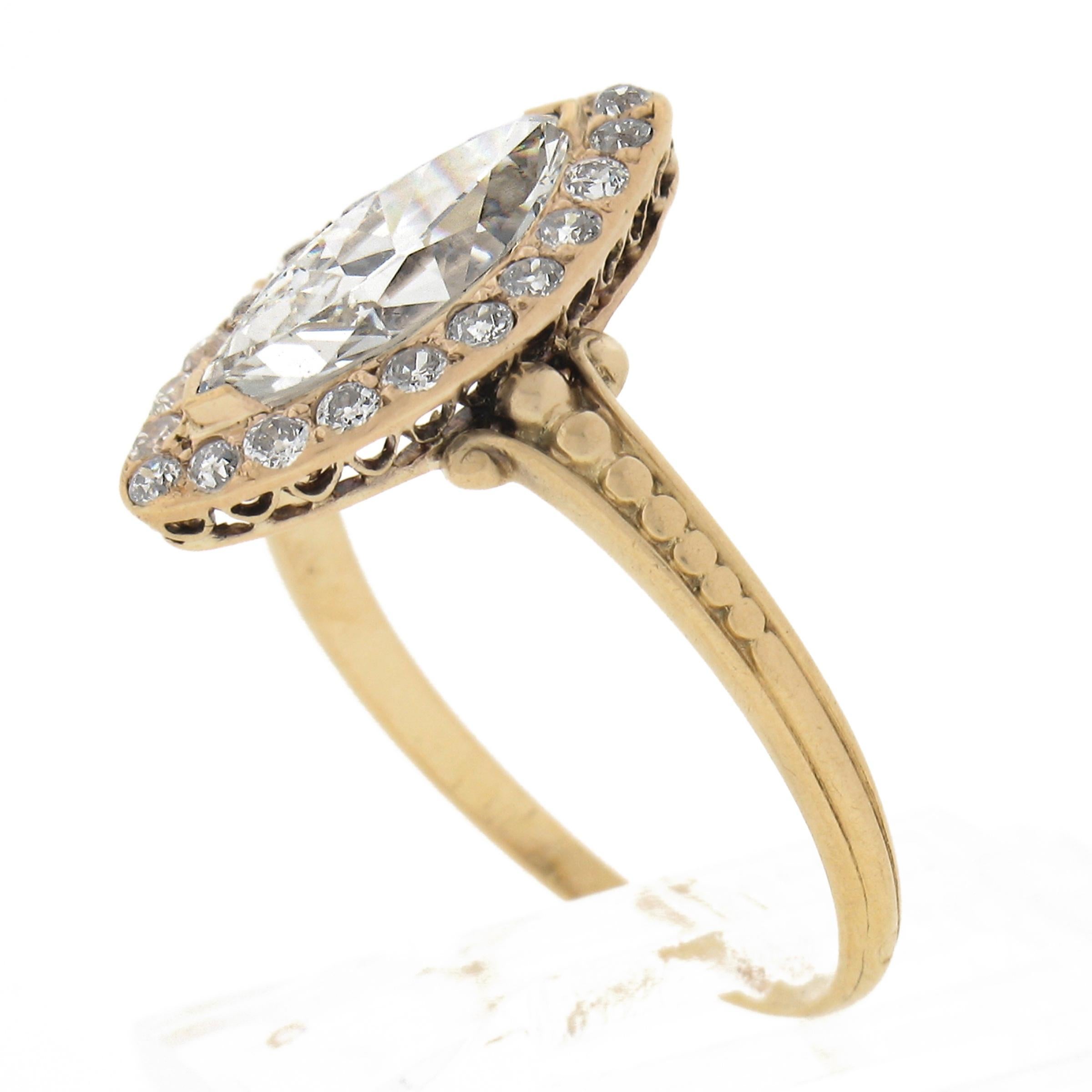 Antique French 18k Yellow Gold 1.43ctw Marquise Diamond Halo low Engagement Ring For Sale 4