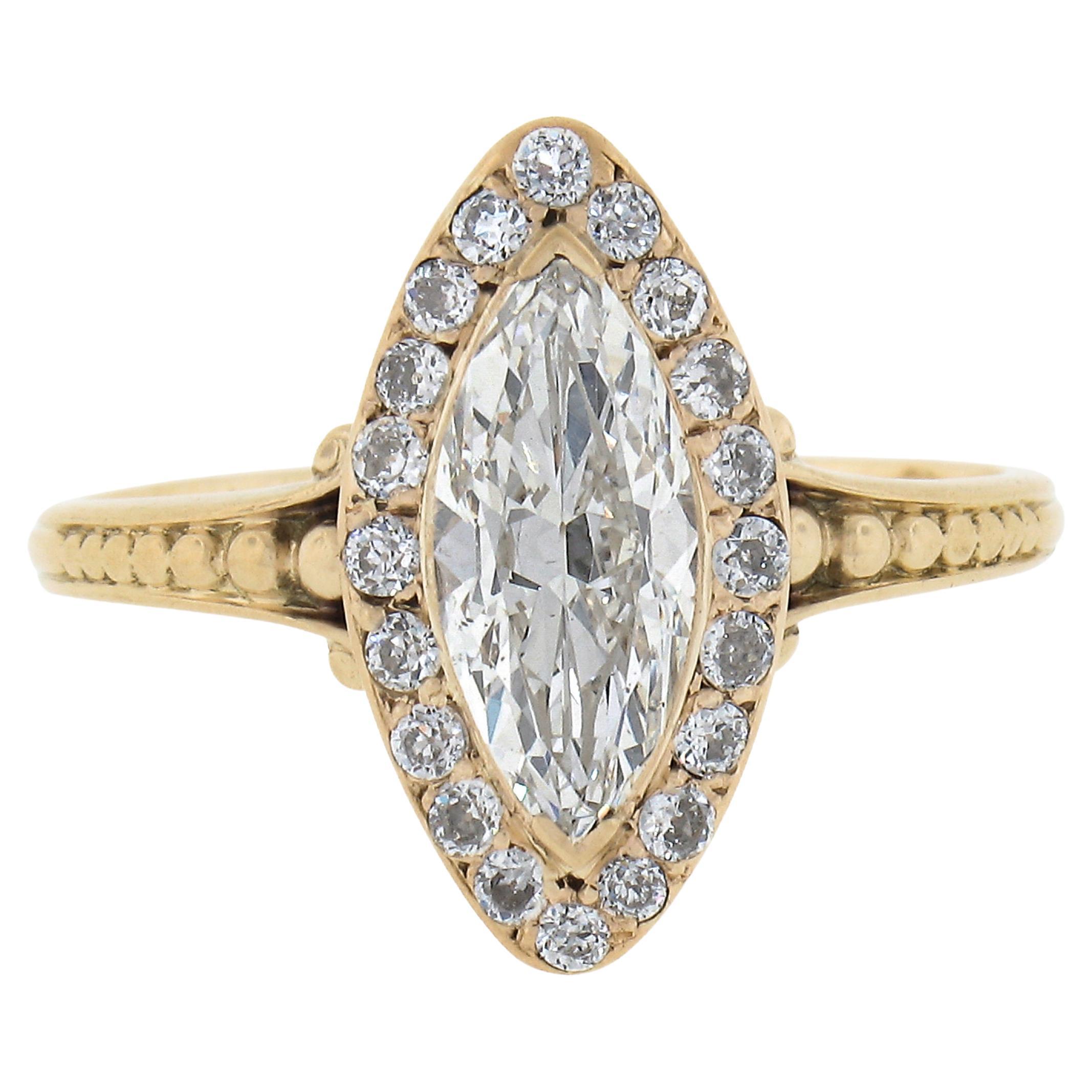 Antique French 18k Yellow Gold 1.43ctw Marquise Diamond Halo low Engagement Ring For Sale