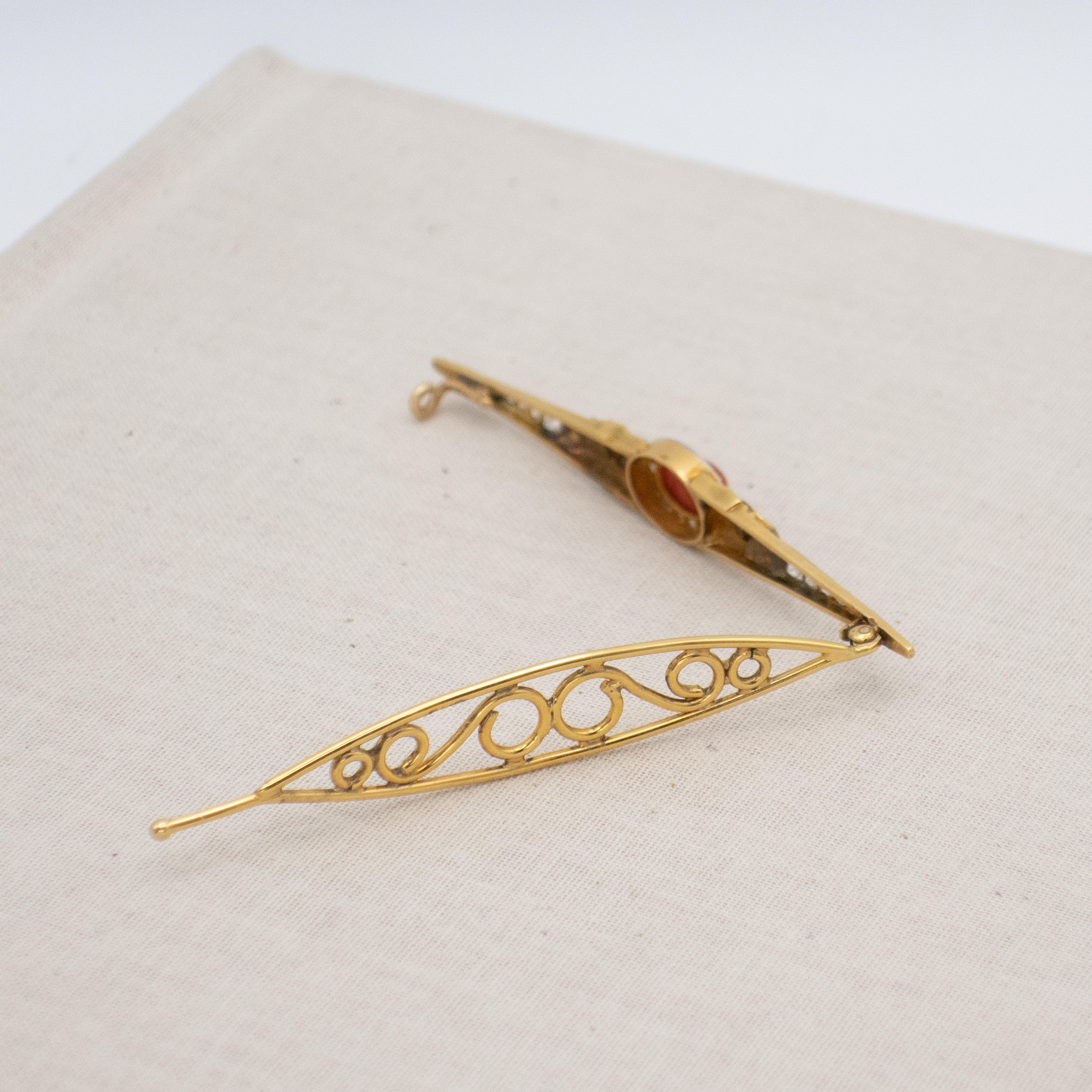Antique French 18K Yellow Gold and Platinum Diamond Coral Hair Barrette For Sale 4