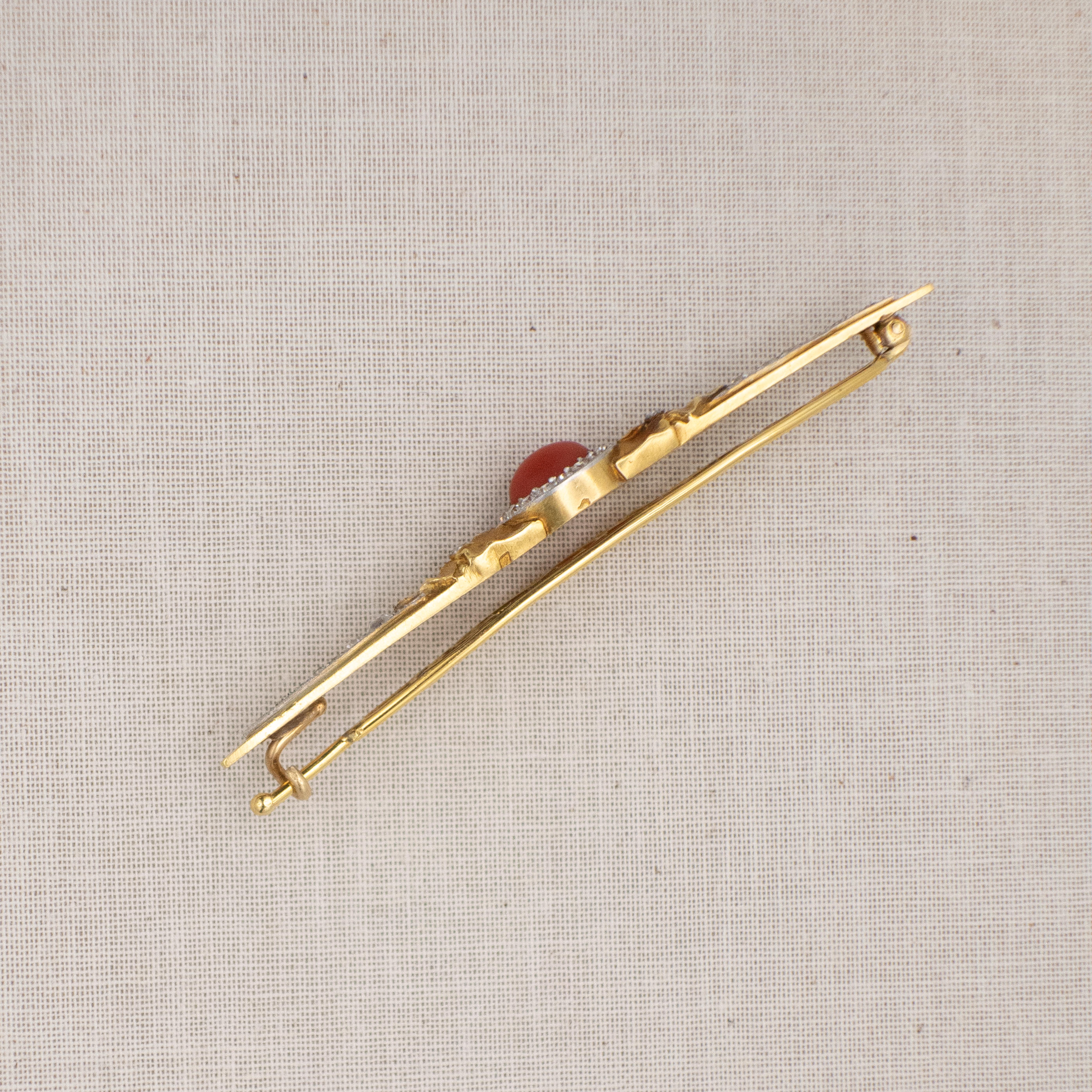 Antique French 18K Yellow Gold and Platinum Diamond Coral Hair Barrette For Sale 5