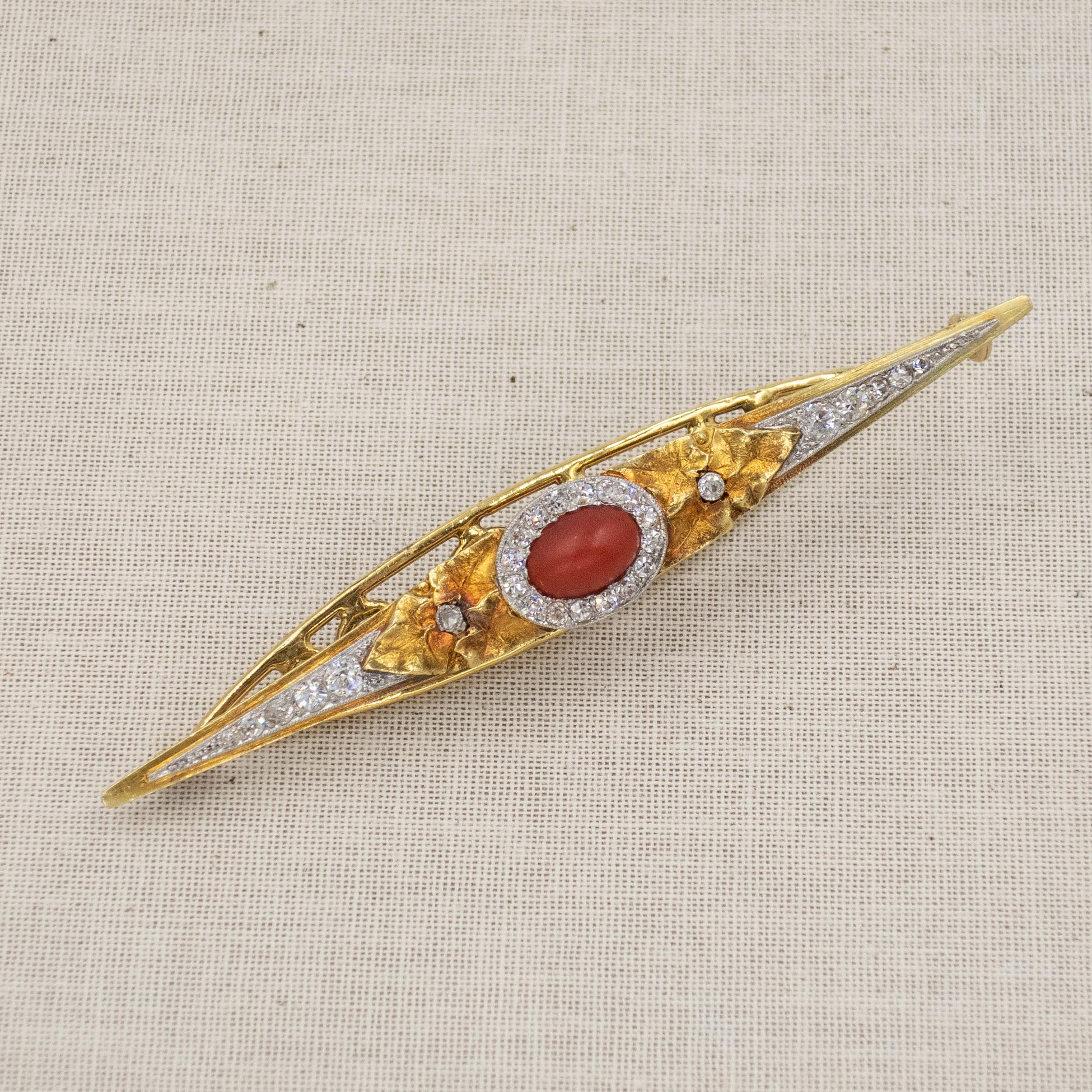 Victorian Antique French 18K Yellow Gold and Platinum Diamond Coral Hair Barrette For Sale
