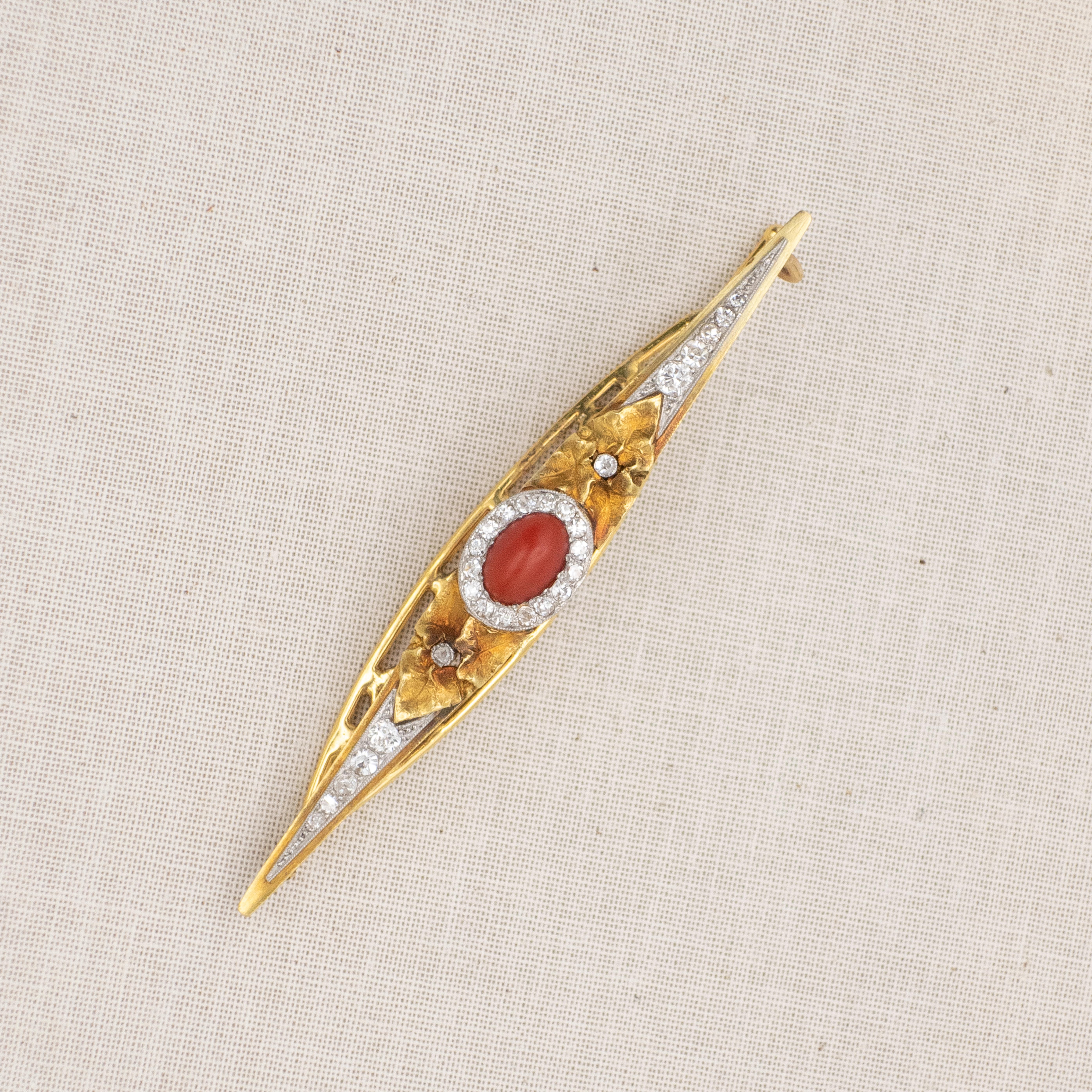 Old Mine Cut Antique French 18K Yellow Gold and Platinum Diamond Coral Hair Barrette For Sale