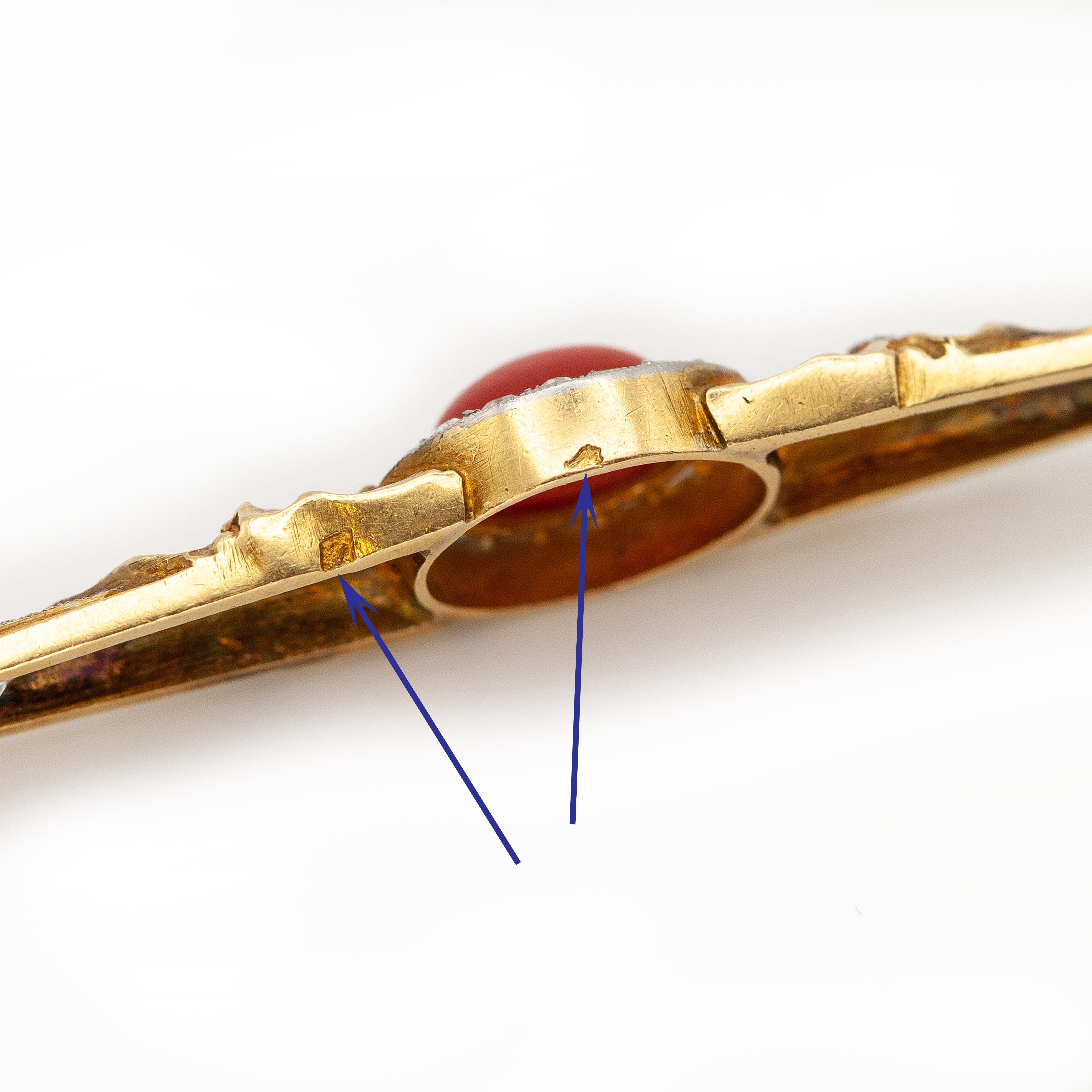 Women's or Men's Antique French 18K Yellow Gold and Platinum Diamond Coral Hair Barrette For Sale