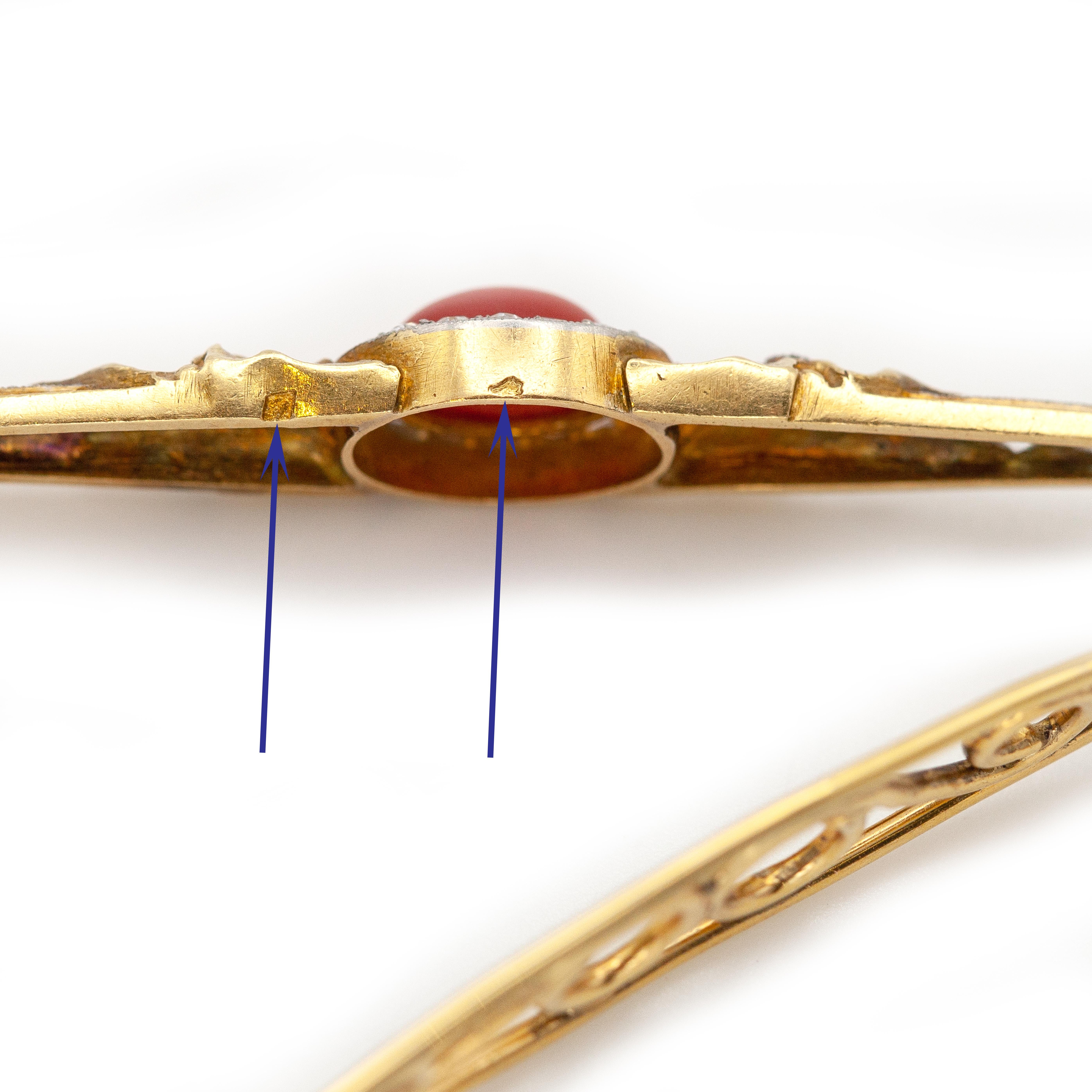 Antique French 18K Yellow Gold and Platinum Diamond Coral Hair Barrette For Sale 2