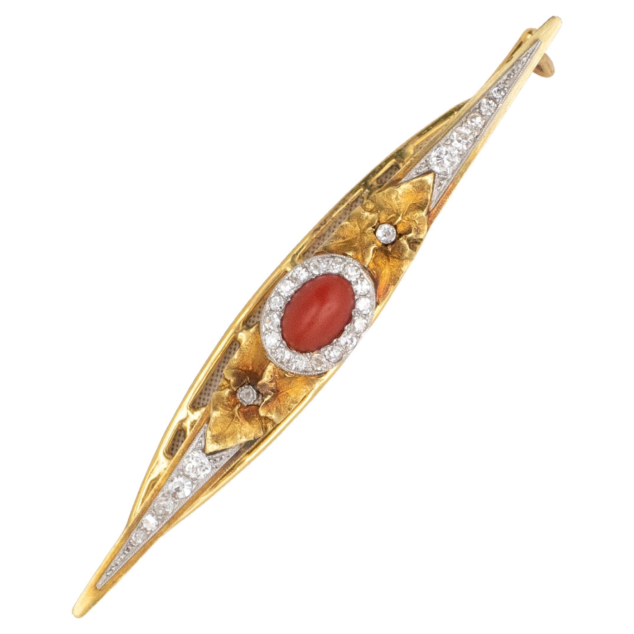 Antique French 18K Yellow Gold and Platinum Diamond Coral Hair Barrette
