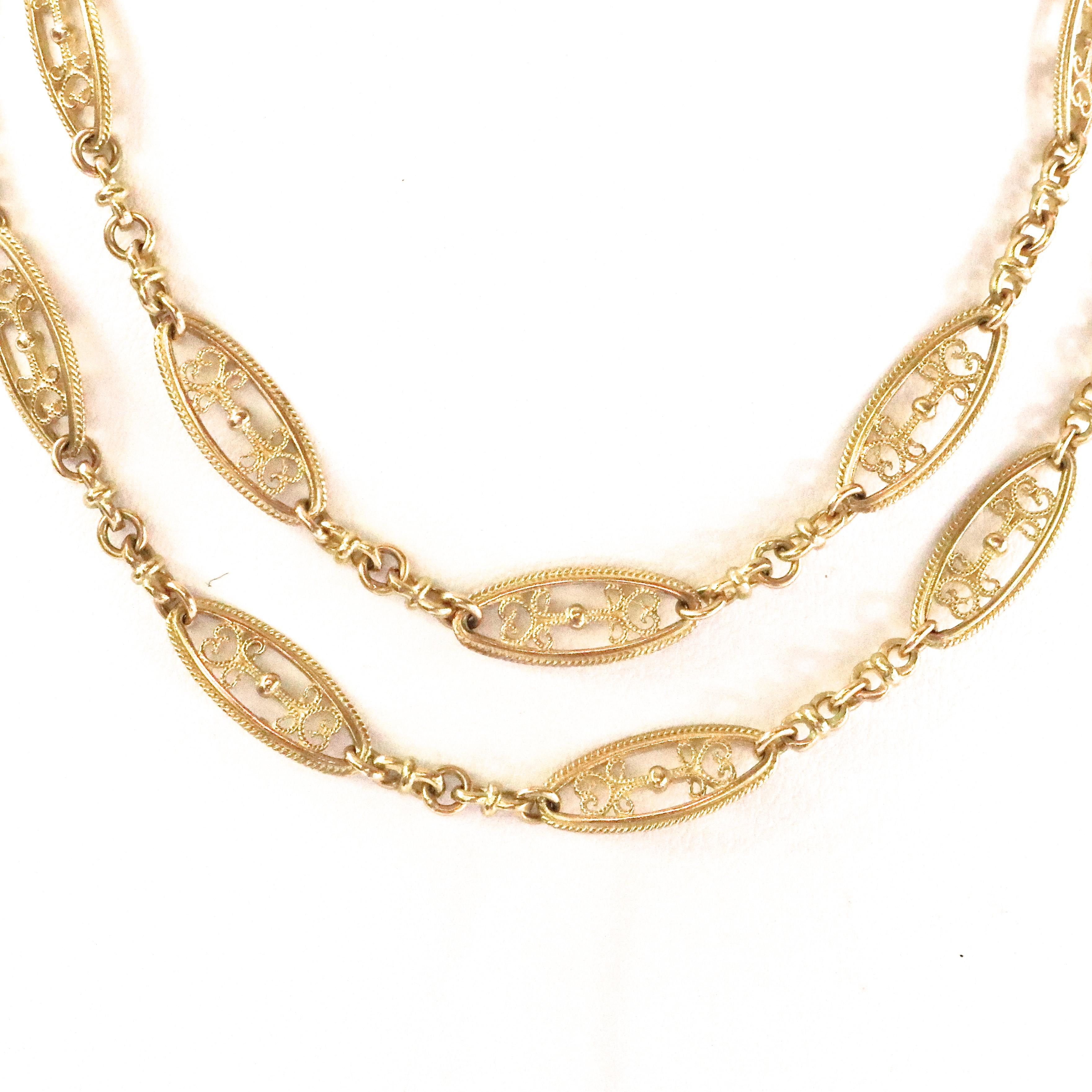 Antique French 18k yellow gold chain. 25 inches long. 31.4 grams. Circa 1800s. With French eagle head hallmark.
Our 1stdibs Recognized Dealer/Platinum Seller Guarantees: 
7 day return policy for full cash refund
30 day return for store credit 
Free