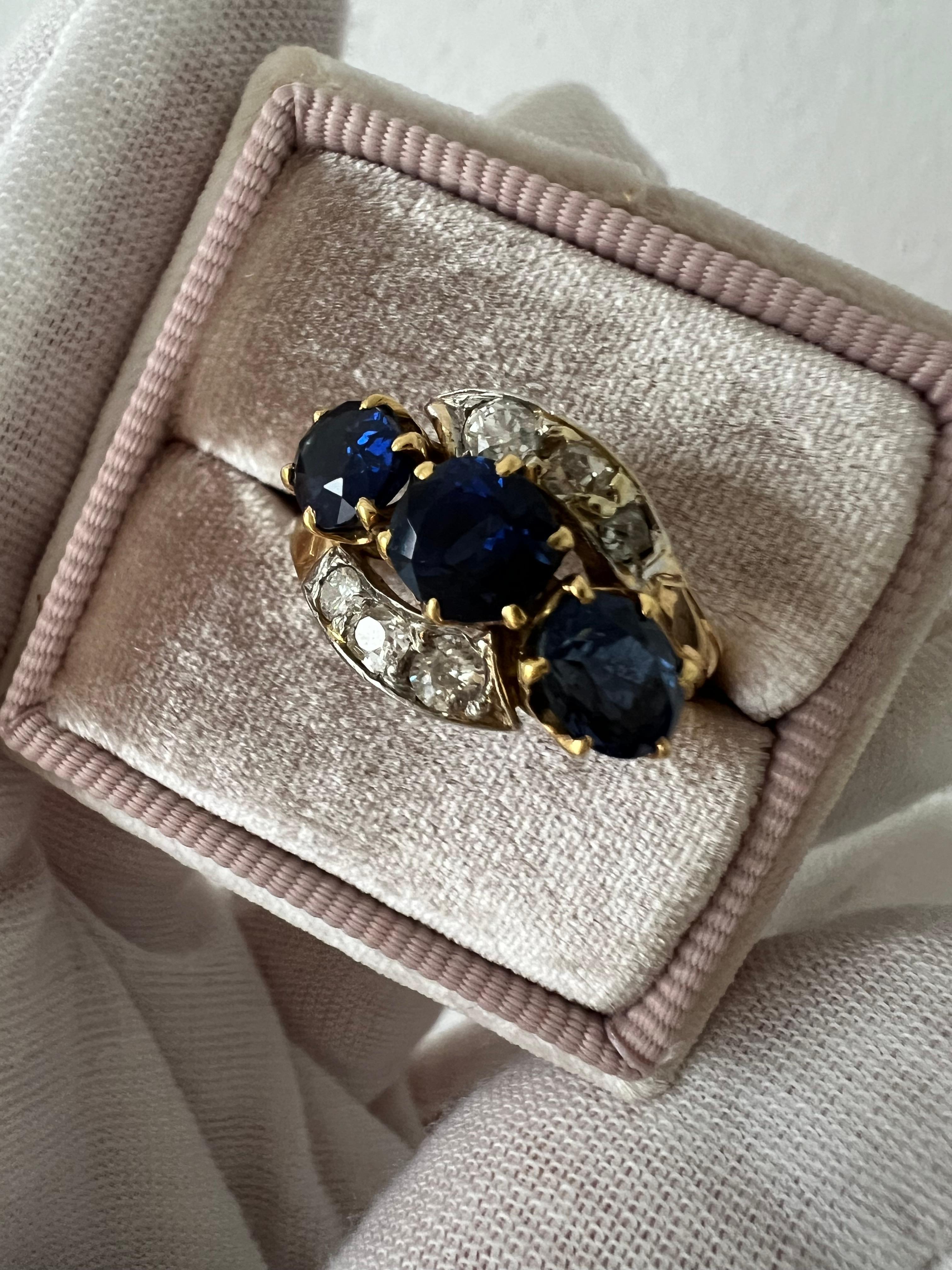 Antique French 18K Yellow Gold Diamond and Three Stone Sapphire ByPass Ring. In Good Condition For Sale In San Francisco, CA