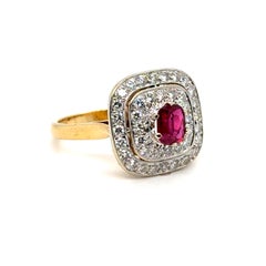 Antique French 18K Gelbgold Double Diamond Halo und Rubin Verlobungsring.