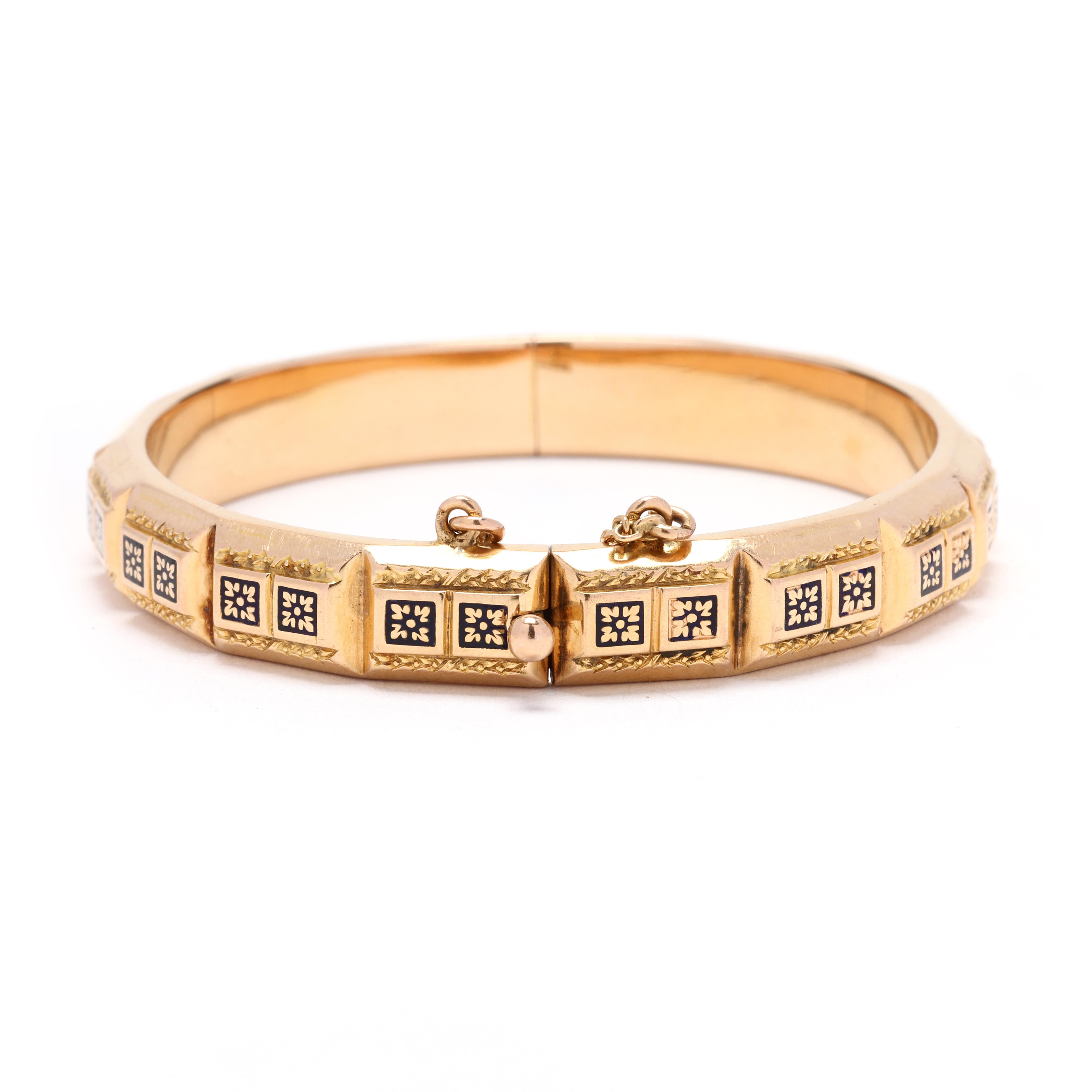 Add a touch of glamour and sophistication to your jewelry collection with this exquisite antique French 18k yellow gold enamel bangle bracelet. Crafted with intricate detailing and vibrant enamel work, this bracelet is a true work of art. The