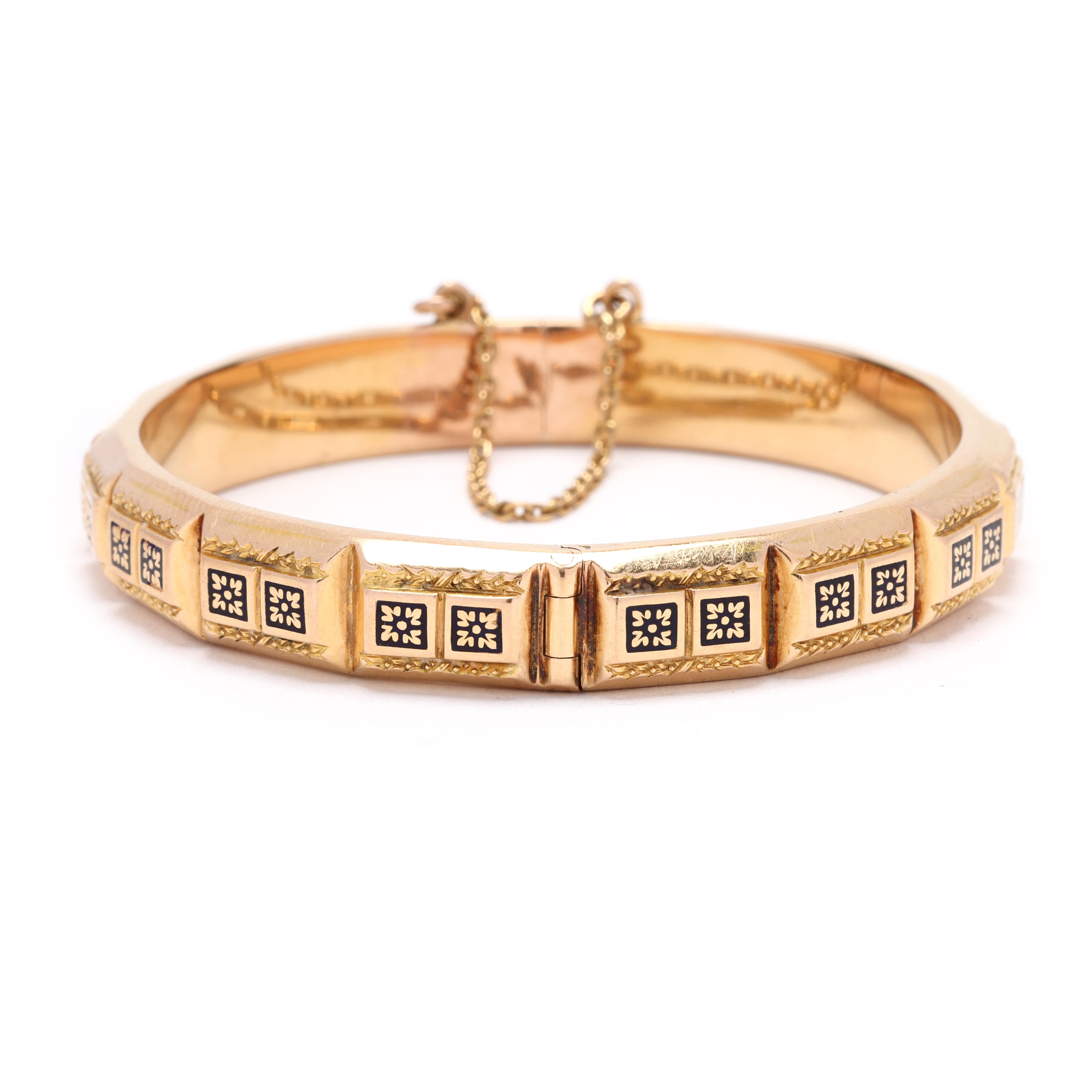 Women's or Men's Antique French 18k Yellow Gold Enamel Bangle Bracelet, Length 6.75 Inches  For Sale