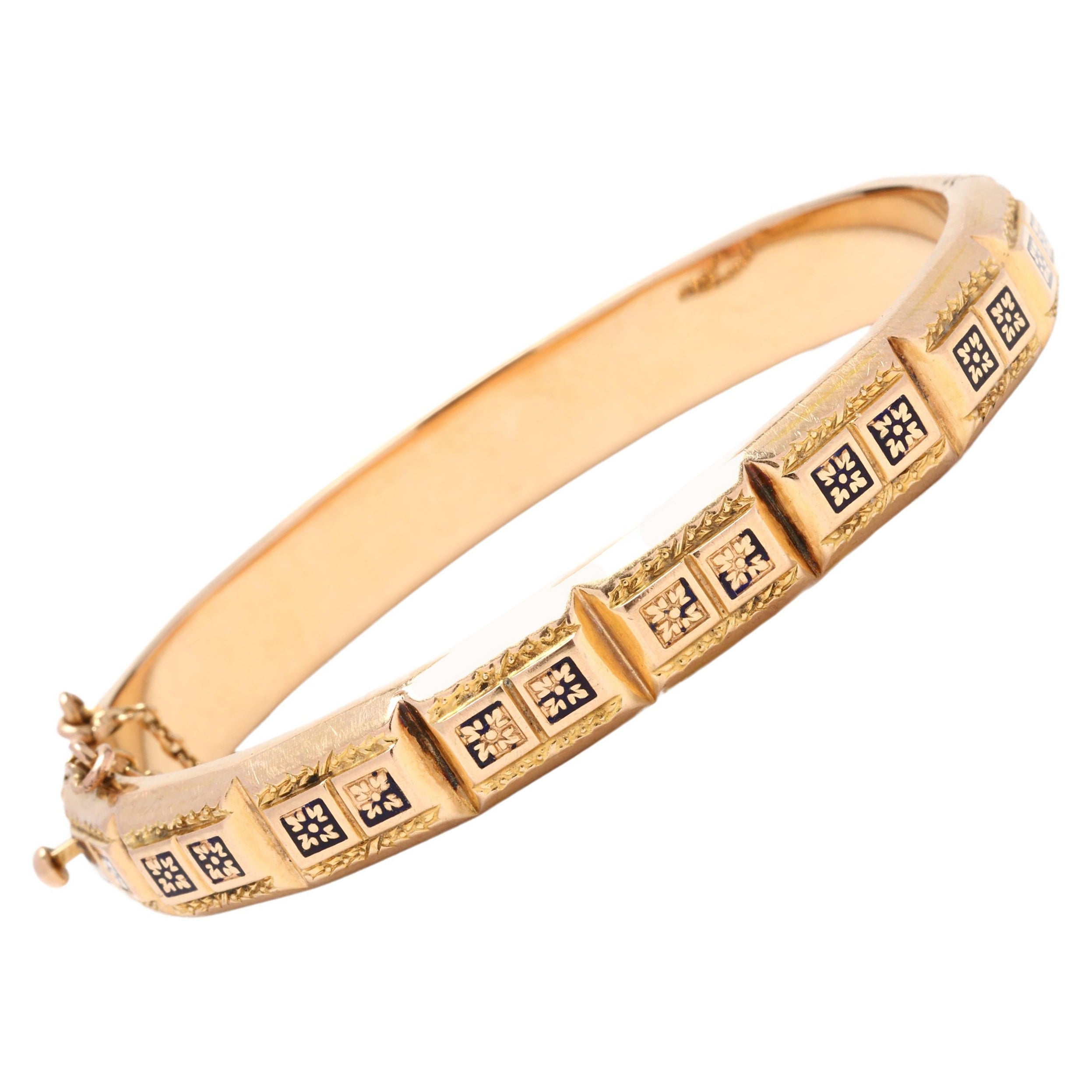 Bracelet jonc français ancien en or jaune 18 carats émaillé, longueur 6,75 pouces