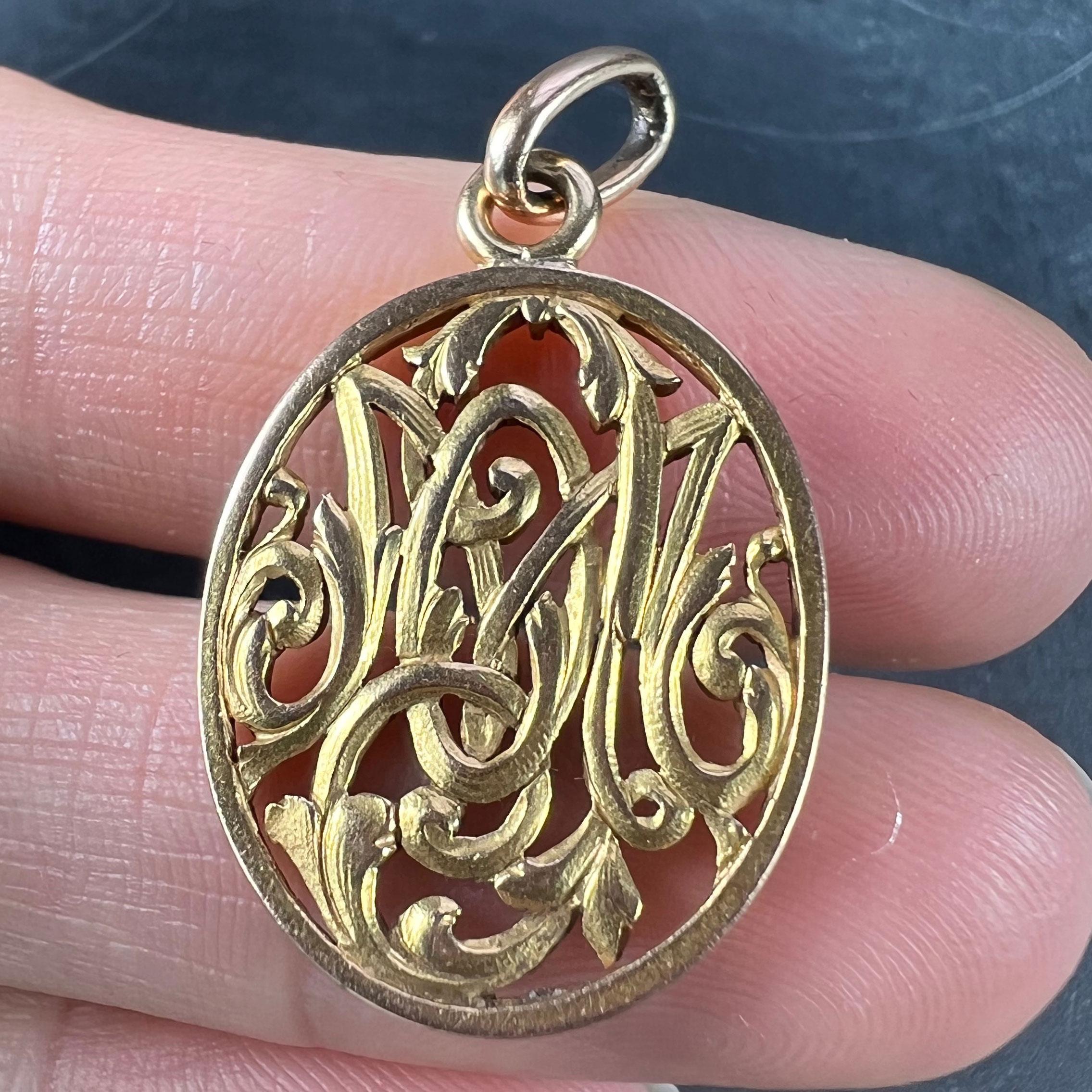 Antique French 18K Yellow Gold OM/MO Initials Monogram Charm Pendant For Sale 6