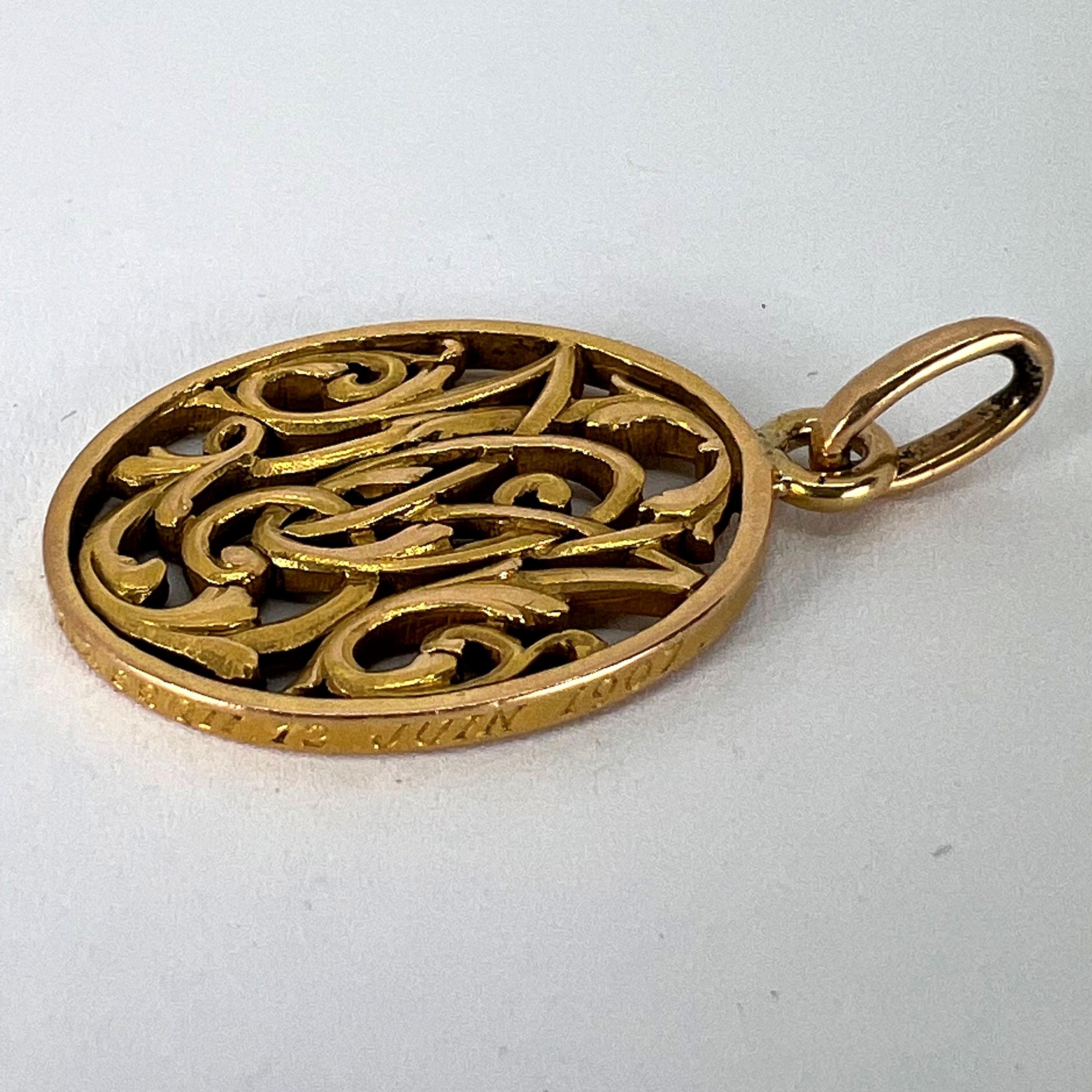 Antique French 18K Yellow Gold OM/MO Initials Monogram Charm Pendant For Sale 13