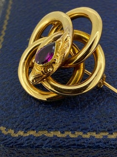 Antique French 18K Yellow Gold & Pear Cut Garnet Serpent / Snake Brooch, c1850’s