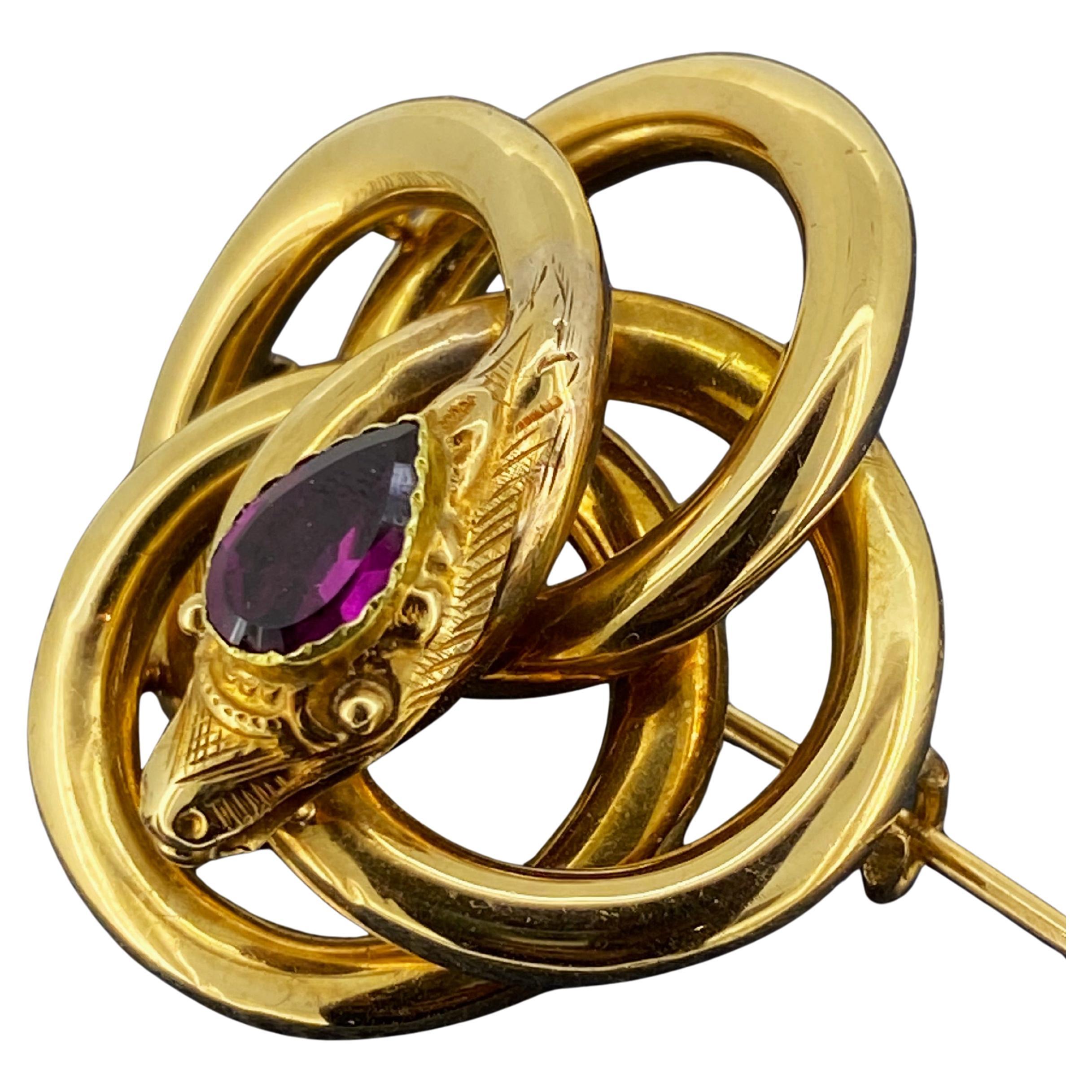 Antique French 18K Yellow Gold 
Pear Cut Garnet Serpent / Snake Brooch, c1850’s For Sale