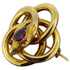 Antique French Yellow Gold & Pear Cut Garnet Serpent / Snake Brooch, c1850's