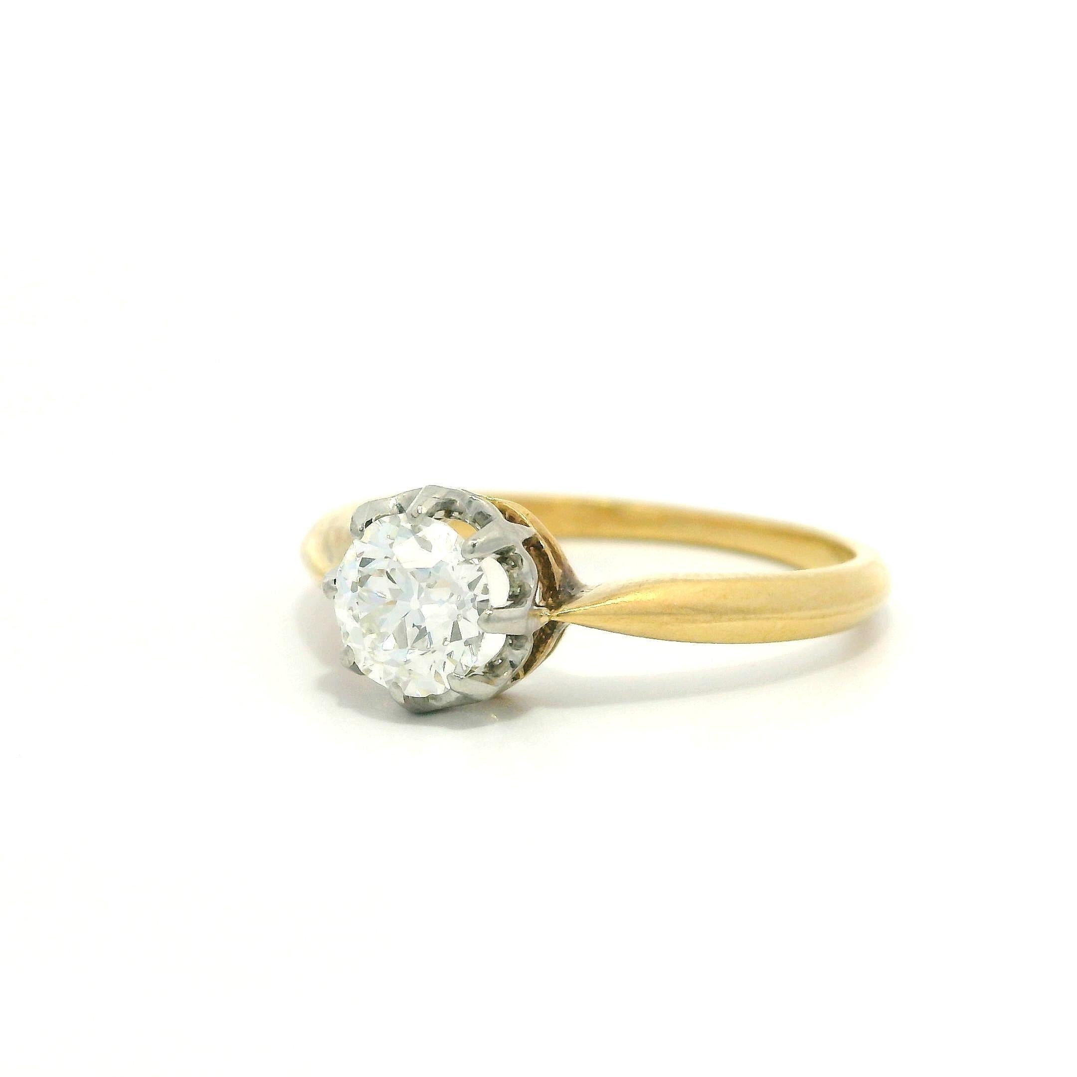 Bague de fiançailles française ancienne solitaire en or jaune 18 carats et platine avec diamants en vente 5