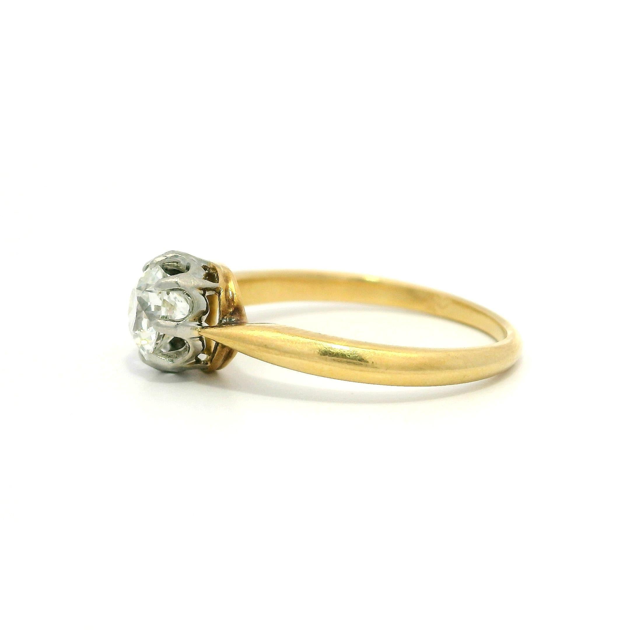 Bague de fiançailles française ancienne solitaire en or jaune 18 carats et platine avec diamants en vente 6