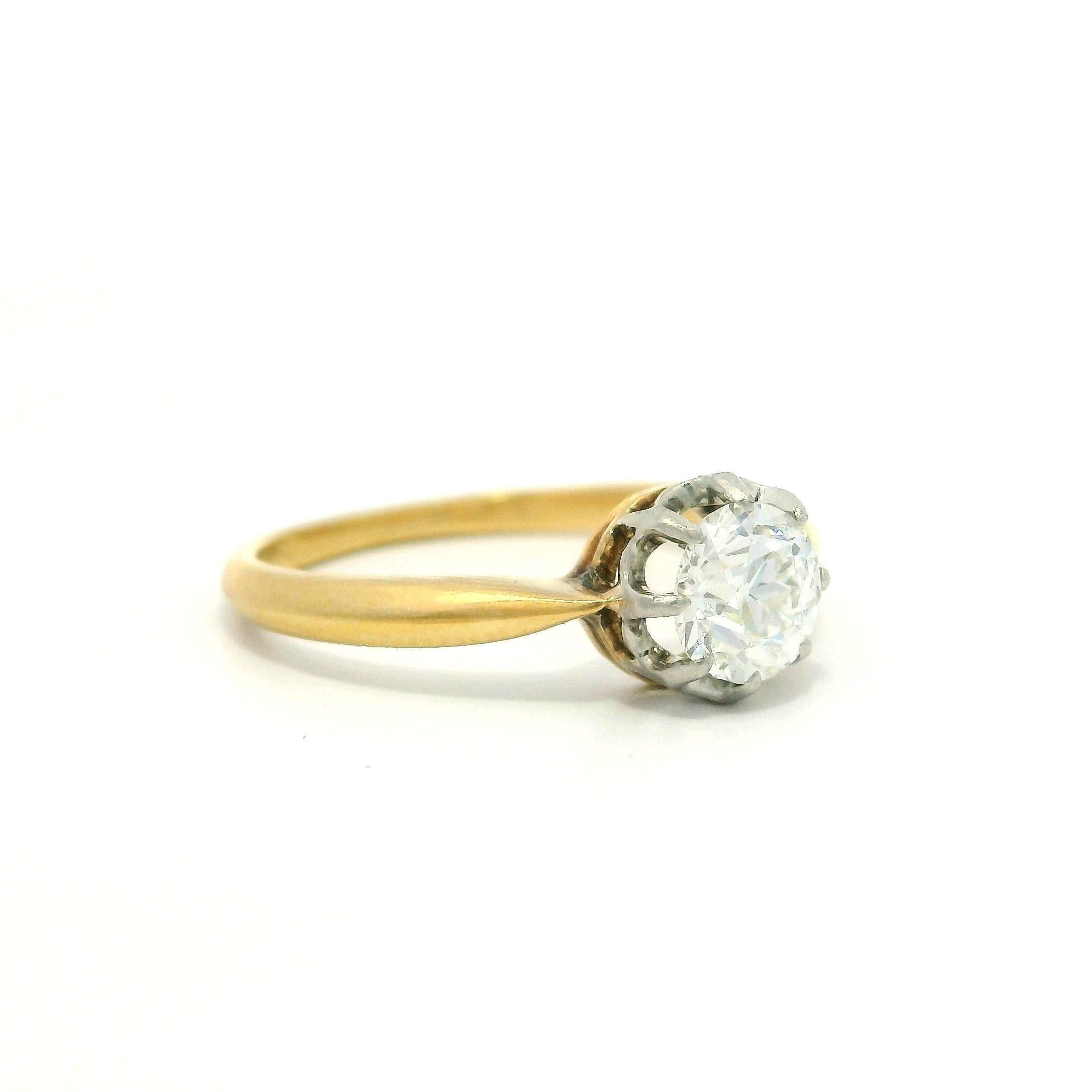 Bague de fiançailles française ancienne solitaire en or jaune 18 carats et platine avec diamants en vente 12