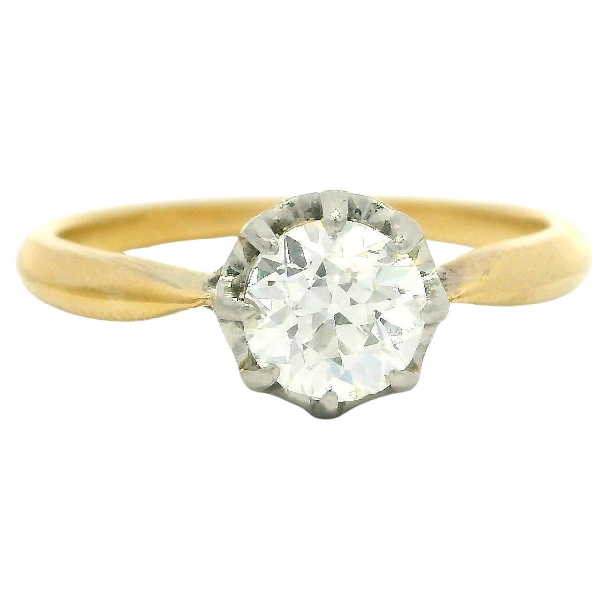 Anillo de compromiso solitario de diamantes en oro amarillo de 18k y platino Antique French