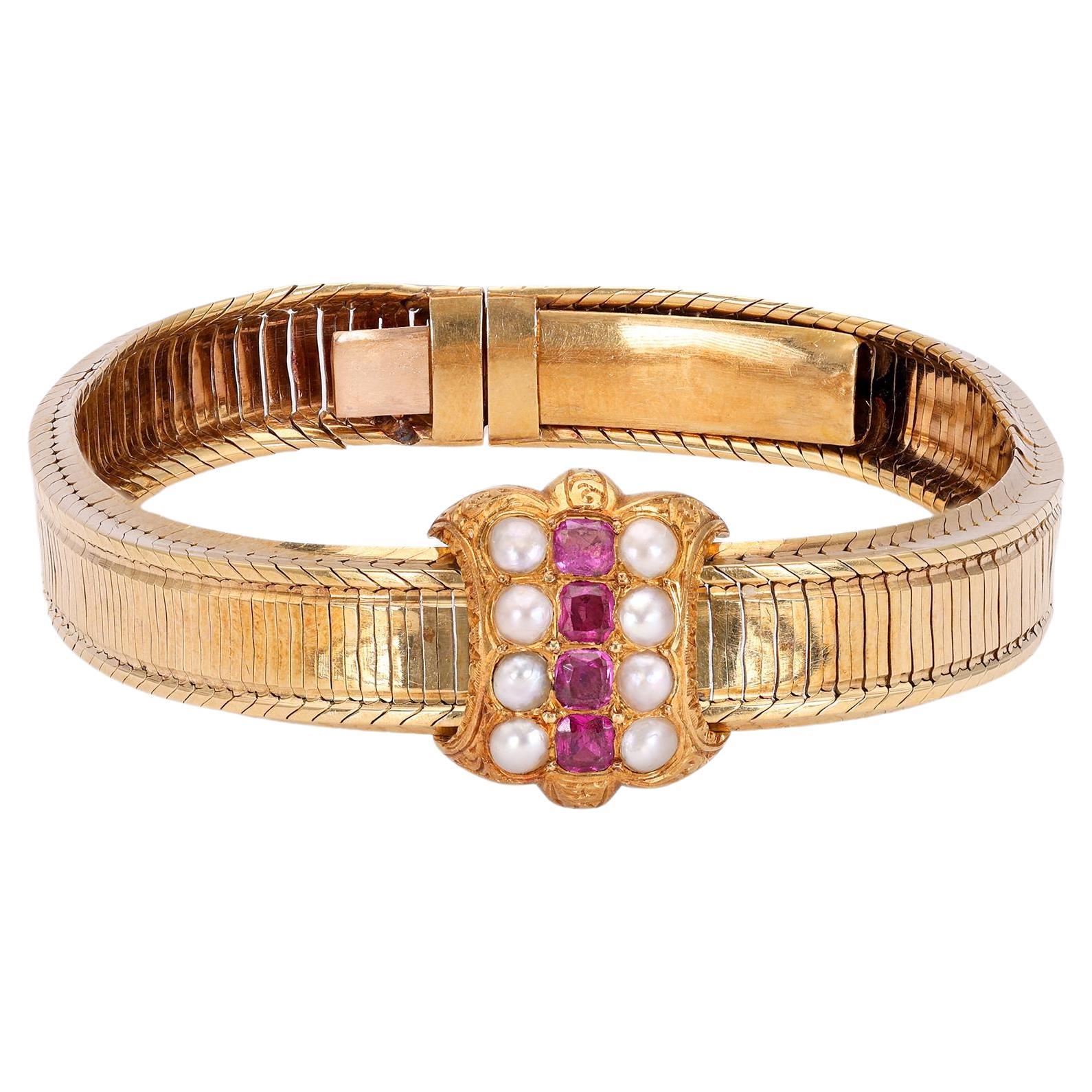 Antique French 18k Yellow Gold Ruby Pearl Bracelet For Sale