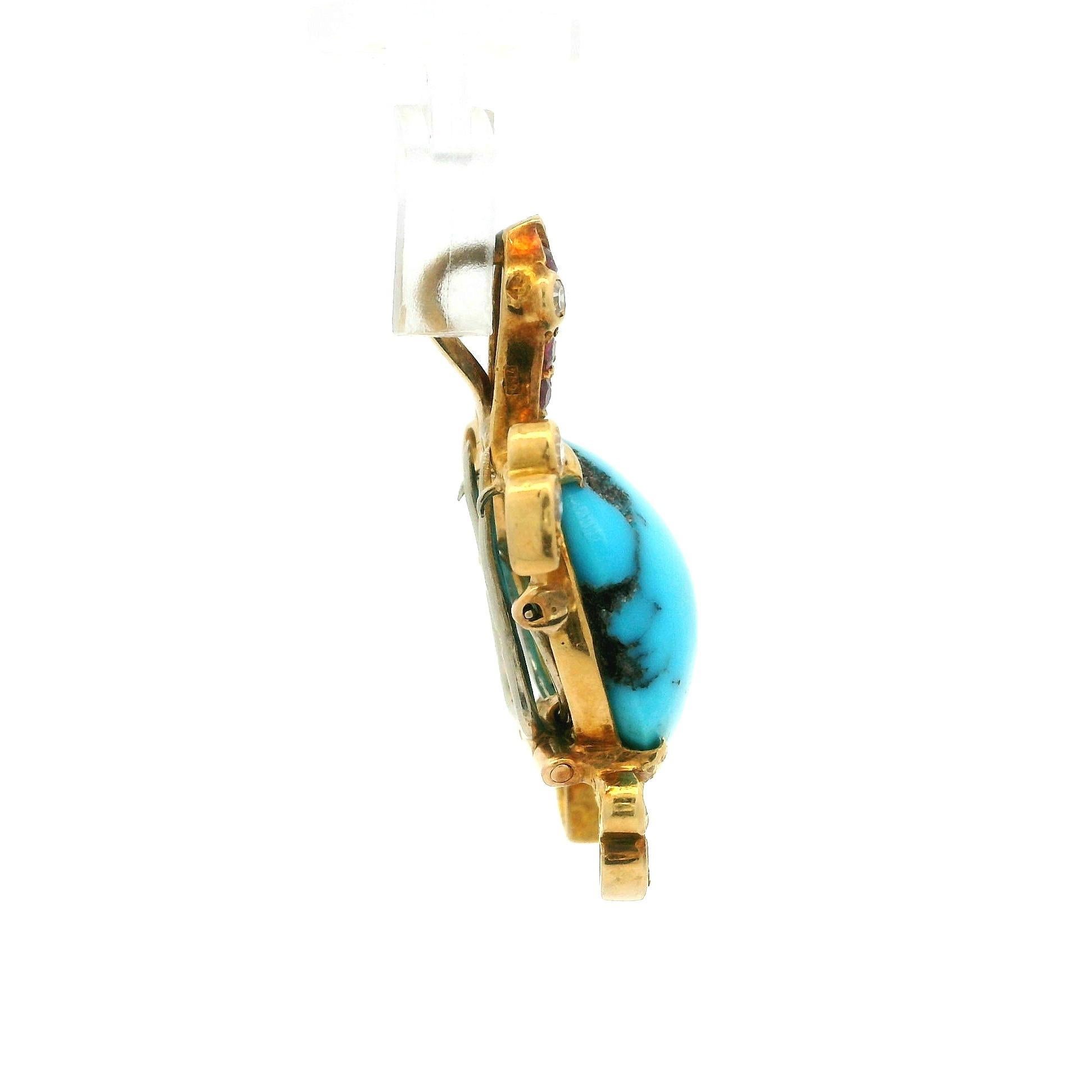 Antike französische Schildkrötenbrosche/Anhänger, 18 Karat Gelbgold Türkis Diamant Rubin (Cabochon) im Angebot
