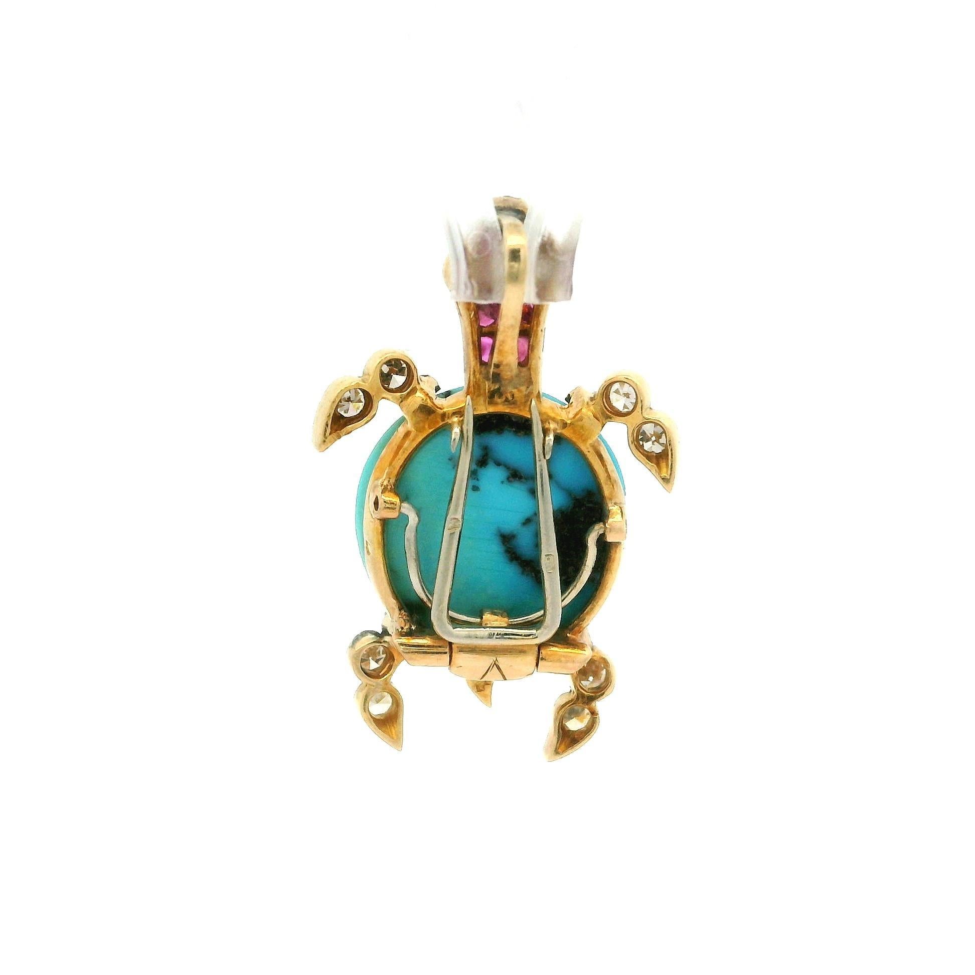 Antike französische Schildkrötenbrosche/Anhänger, 18 Karat Gelbgold Türkis Diamant Rubin im Zustand „Gut“ im Angebot in Montclair, NJ