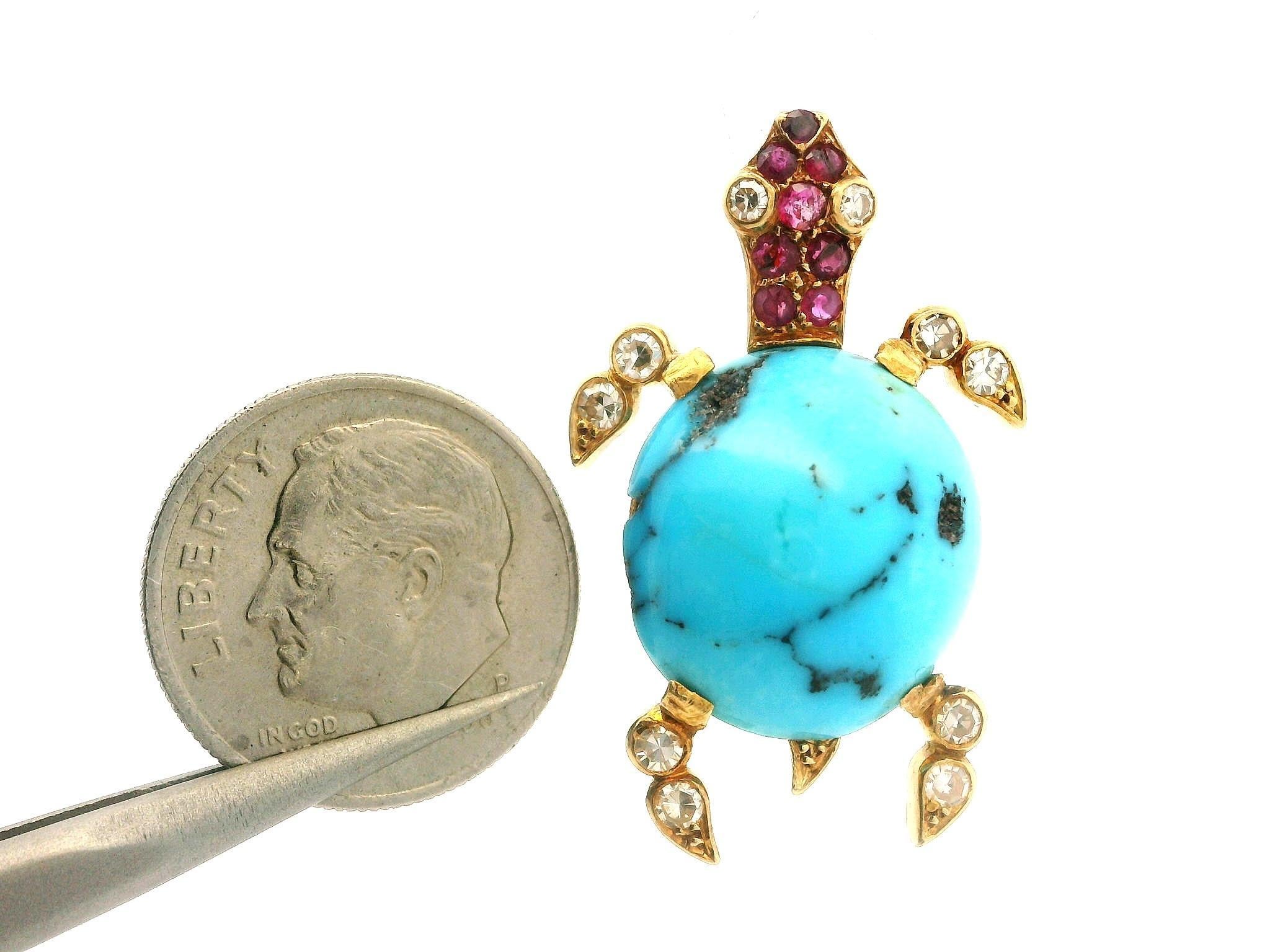 Antike französische Schildkrötenbrosche/Anhänger, 18 Karat Gelbgold Türkis Diamant Rubin im Angebot 1