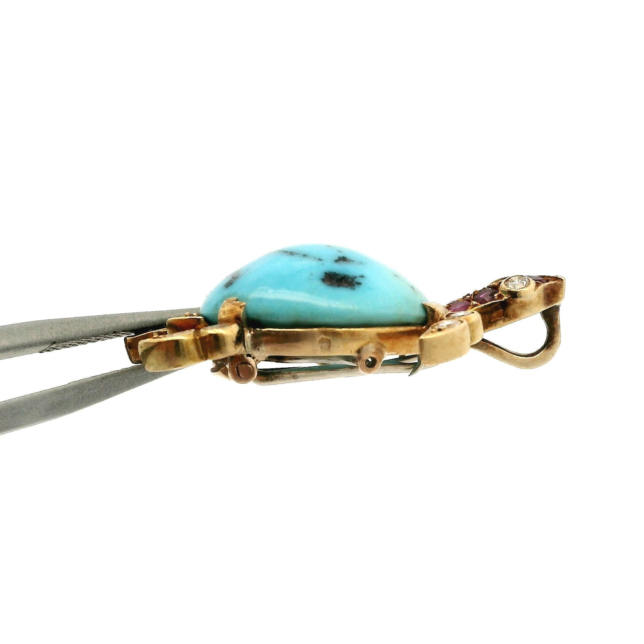 Antike französische Schildkrötenbrosche/Anhänger, 18 Karat Gelbgold Türkis Diamant Rubin im Angebot 2