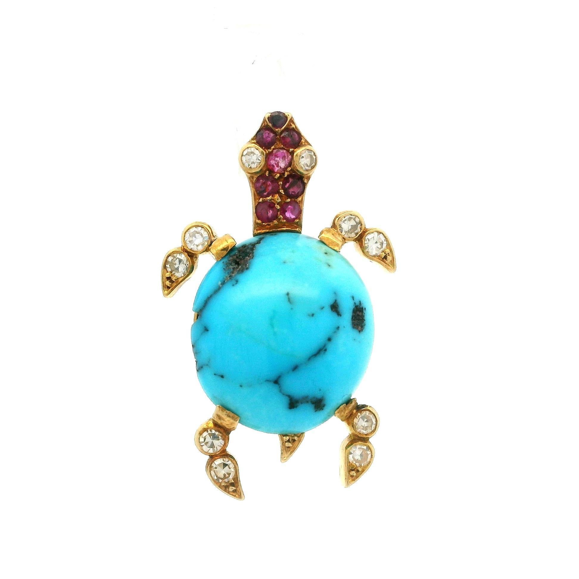 Antike französische Schildkrötenbrosche/Anhänger, 18 Karat Gelbgold Türkis Diamant Rubin im Angebot 3