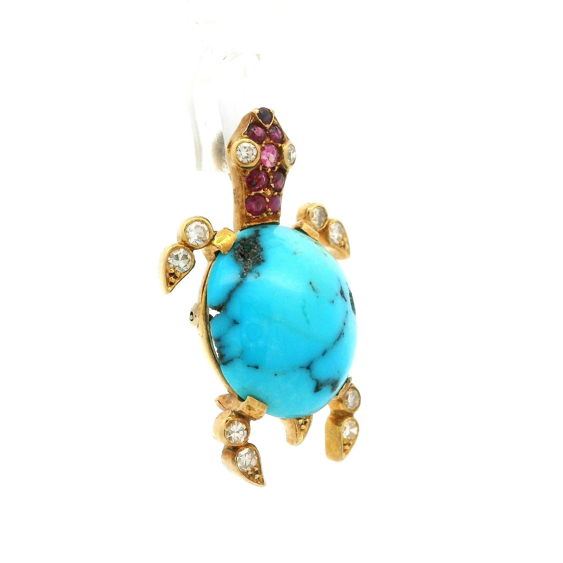 Antike französische Schildkrötenbrosche/Anhänger, 18 Karat Gelbgold Türkis Diamant Rubin im Angebot 4