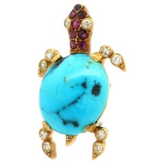 Antique French 18k Oro Amarillo Turquesa Diamante Rubí Broche Tortuga Colgante