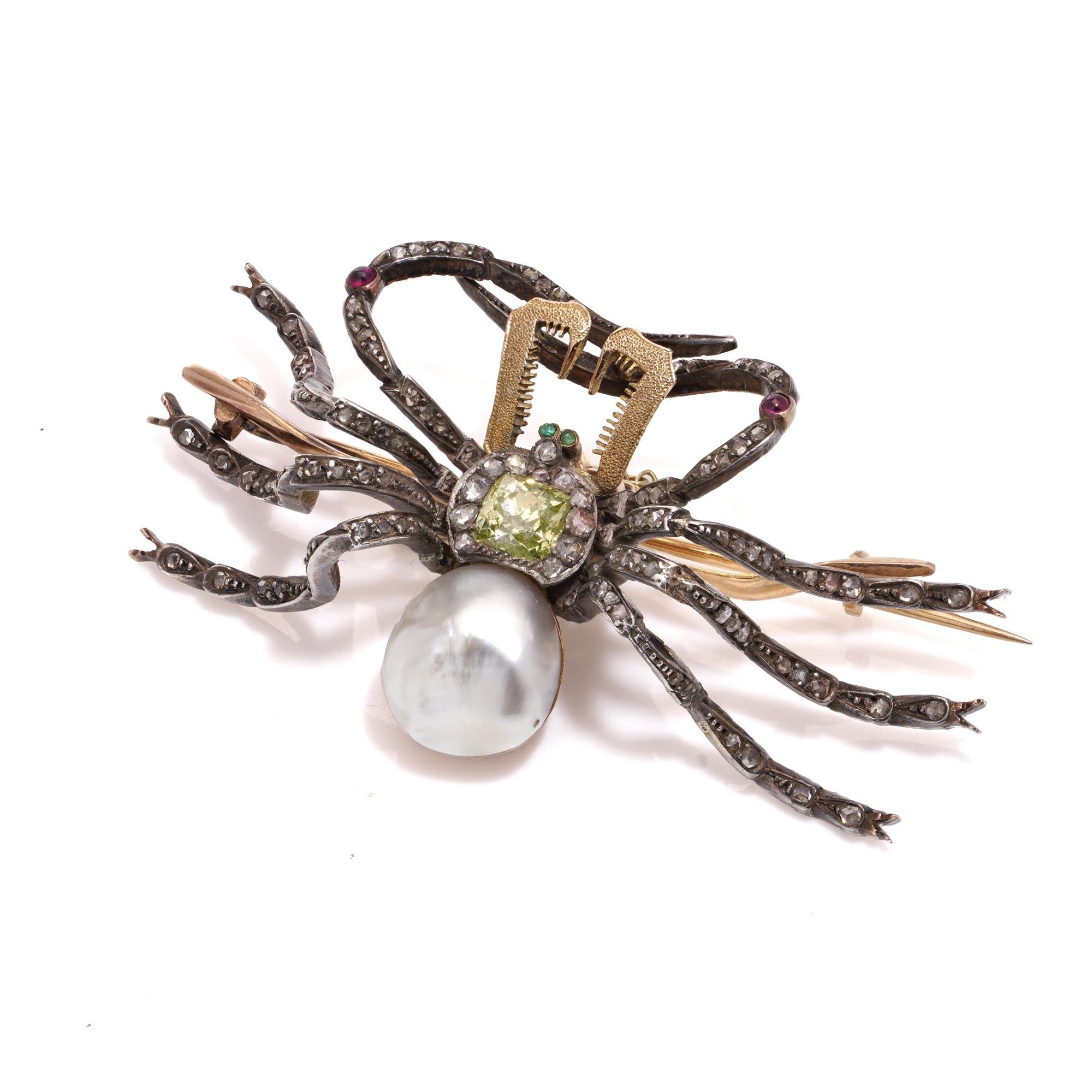 Victorian Antique French 18kt gold and silver Spider Brooch with Yellow Diamond and Pearl For Sale