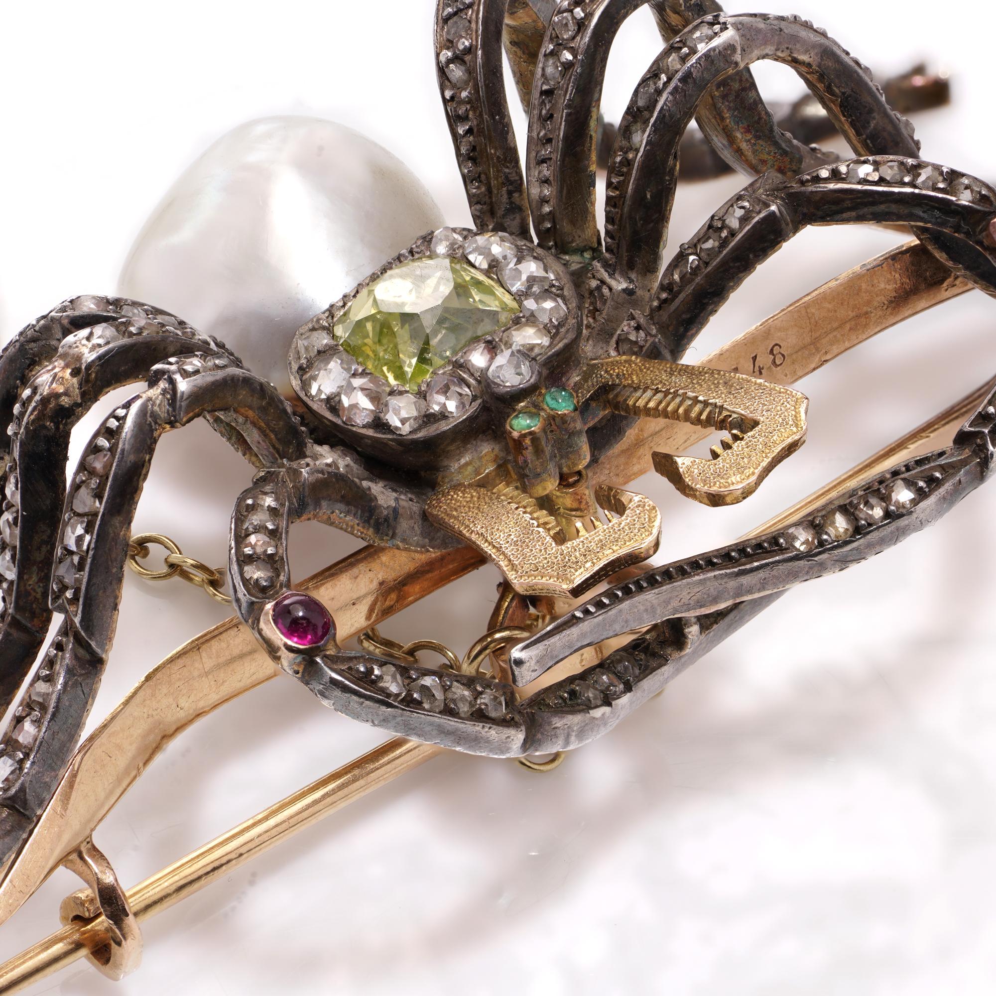 Rose Cut Antique French 18kt gold and silver Spider Brooch with Yellow Diamond and Pearl For Sale