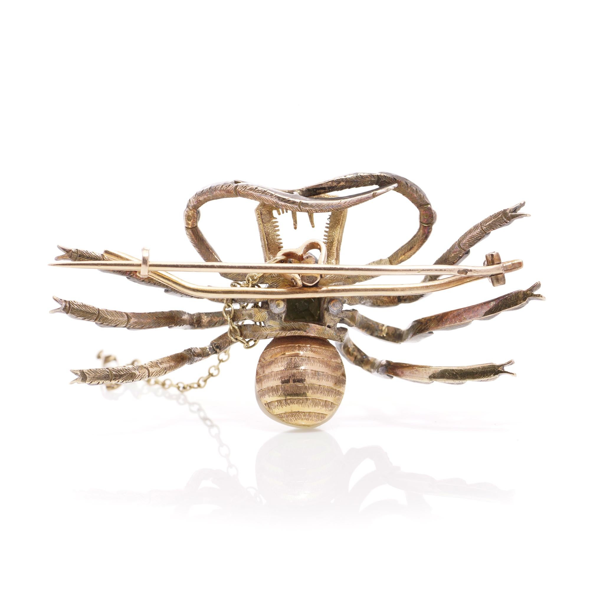 Antike französische Spinnenbrosche aus 18 Karat Gold und Silber mit gelbem Diamant und Perle Damen im Angebot