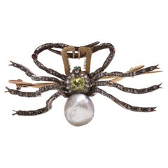 Broche araignée française ancienne en or et argent 18 carats avec diamant jaune et perle