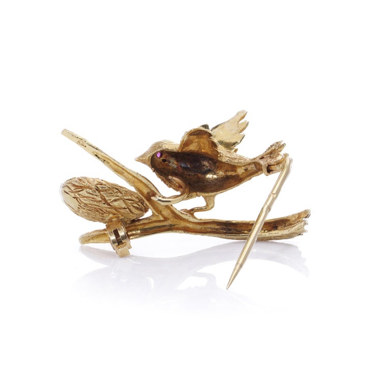 Broche Ancienne Oiseau En Or 18 Carats Avec Rubis - Bijou Vintage En Parfait état