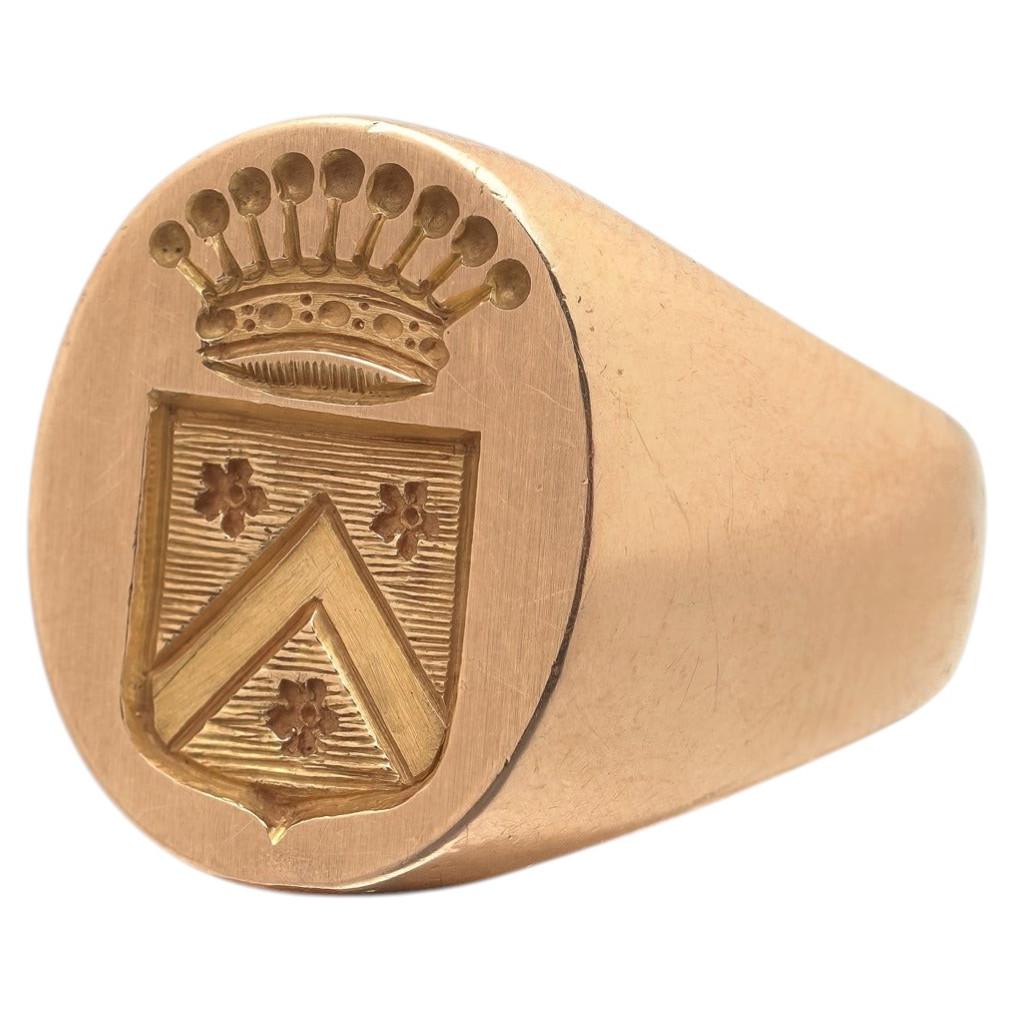 Antique French 18KT Gold Signet Ring, Heraldic Coat of Arms Beneath a Coronet