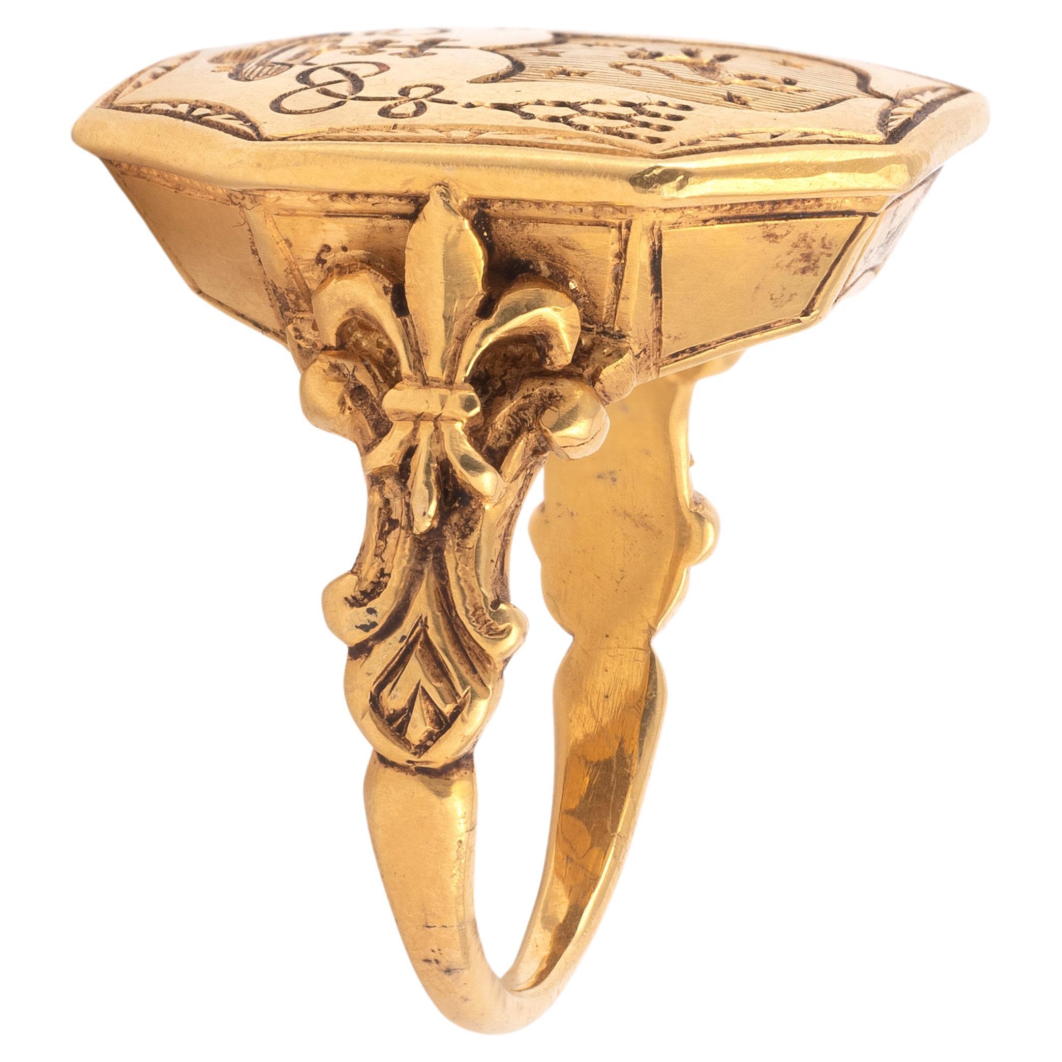 Old European Cut Antique French 18kt Yellow Gold Episcopal Coat of Arms Ring For Sale