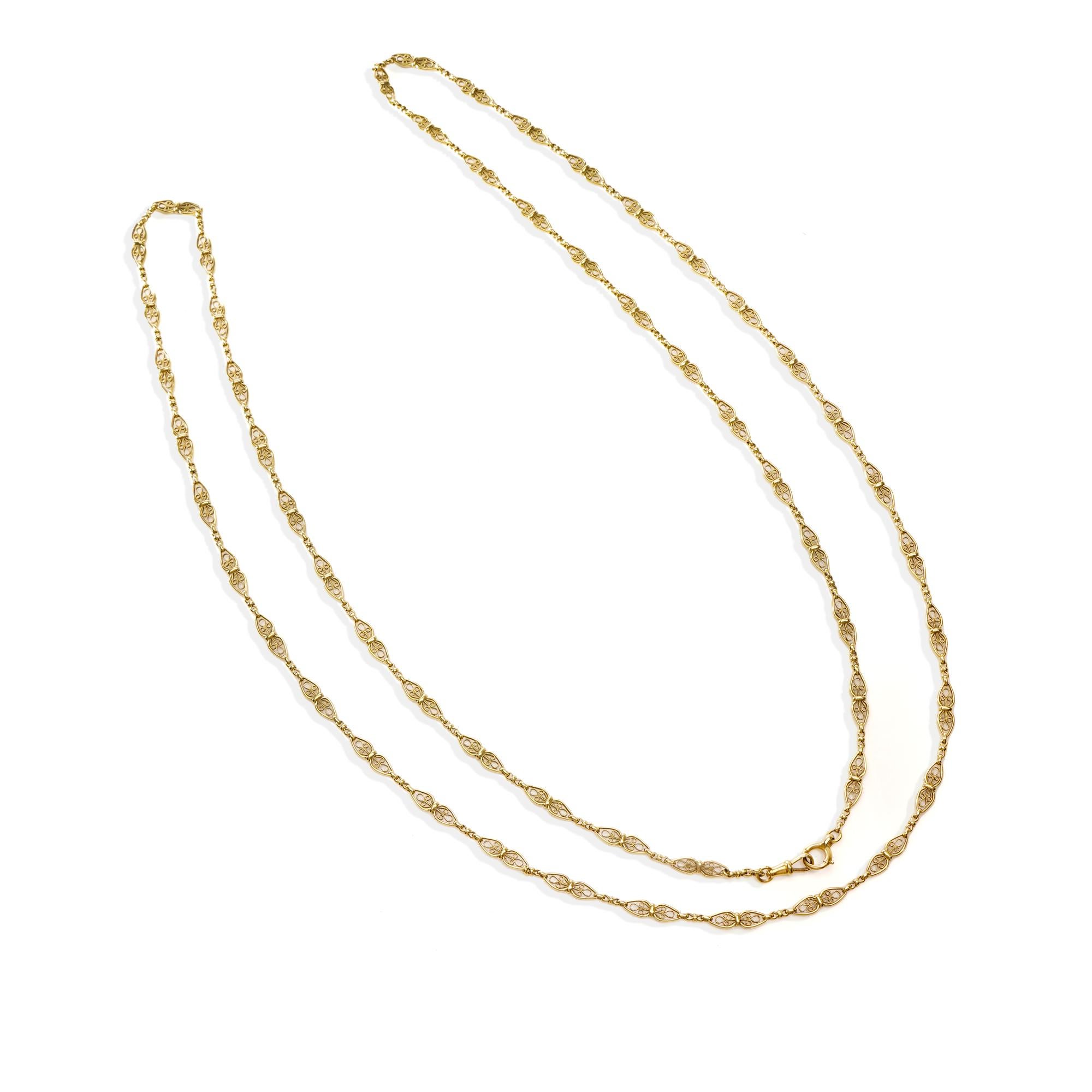 Victorian Antique French 18kt Yellow Gold Long Fancy Link Chain Necklace For Sale