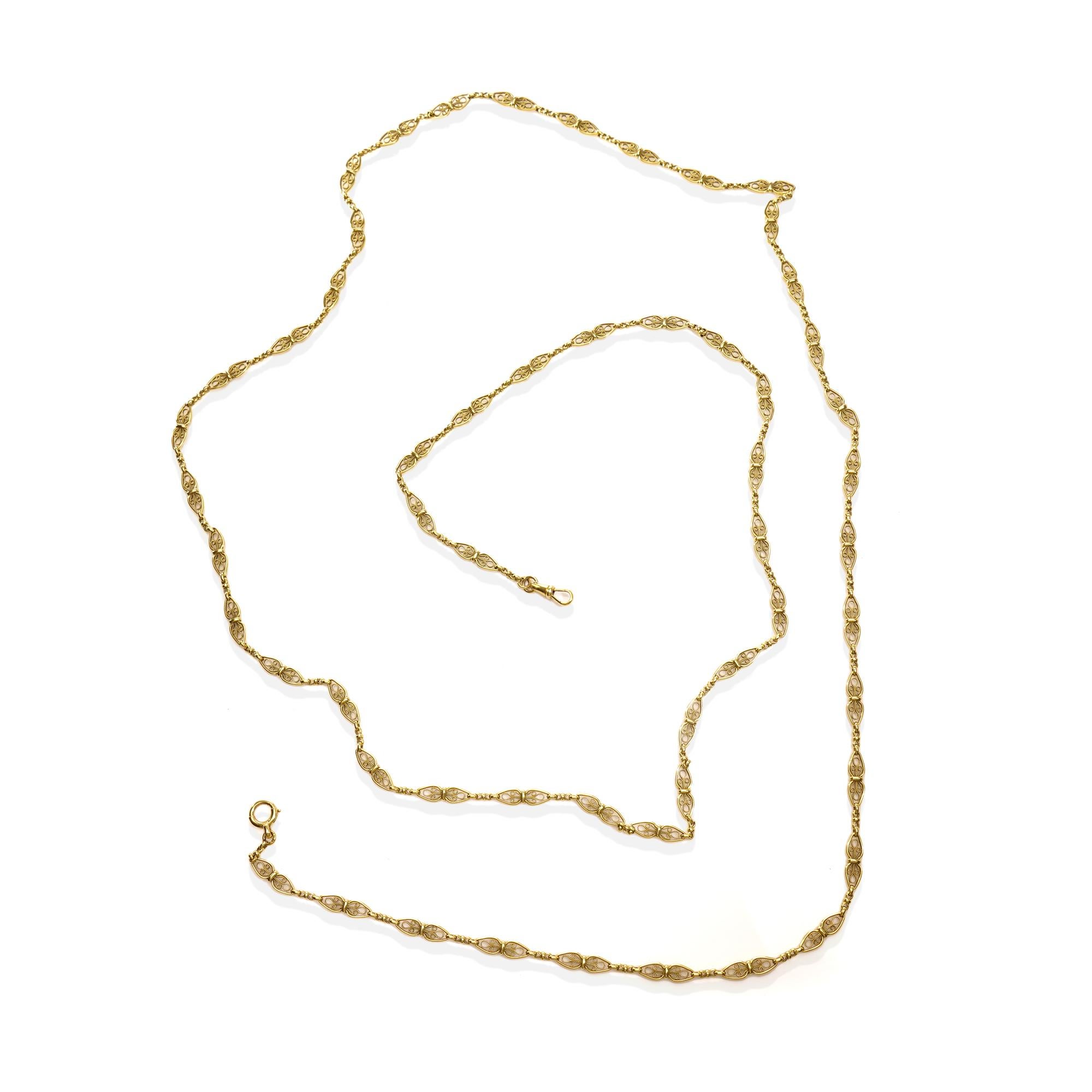Women's or Men's Antique French 18kt Yellow Gold Long Fancy Link Chain Necklace For Sale