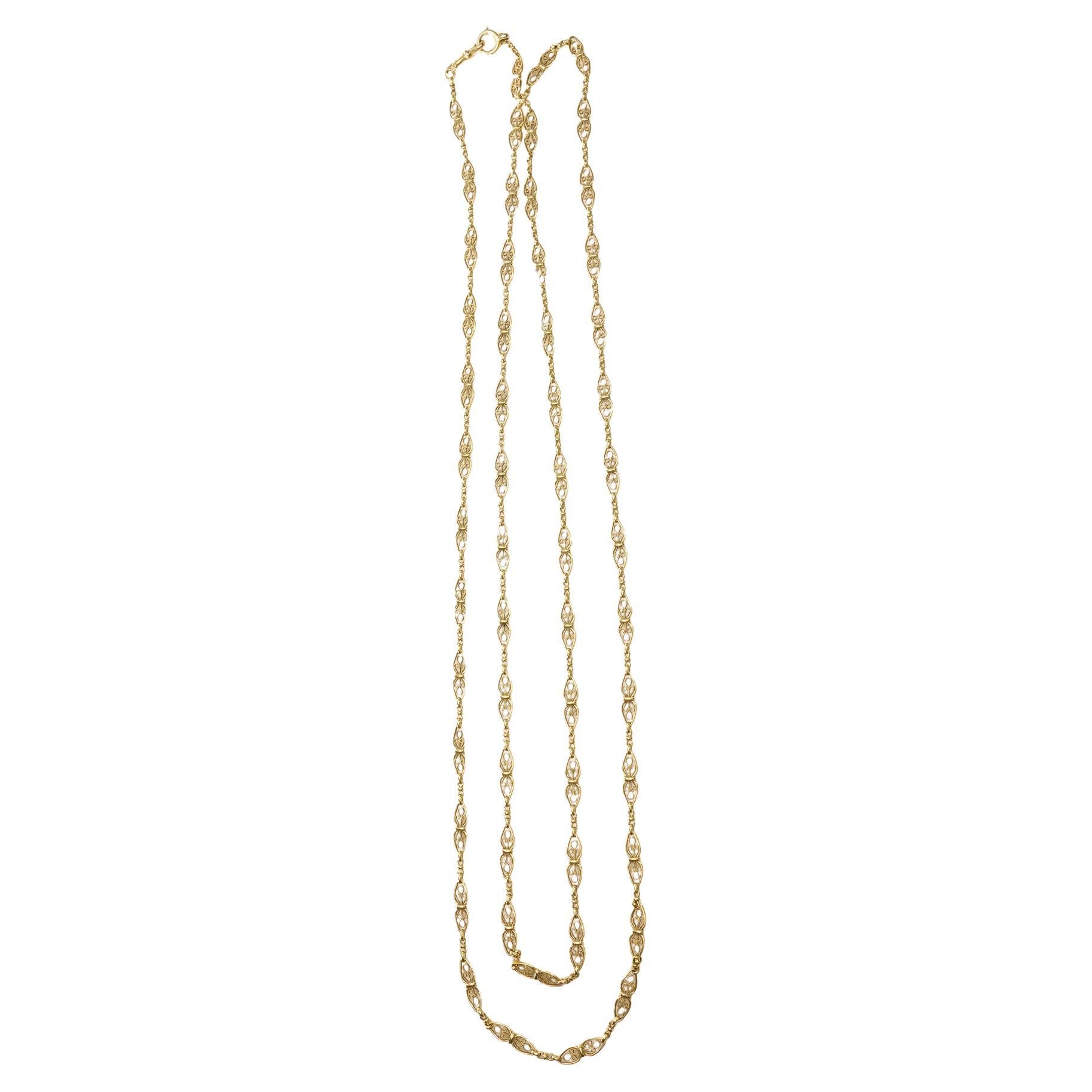 Antique French 18kt Yellow Gold Long Fancy Link Chain Necklace For Sale