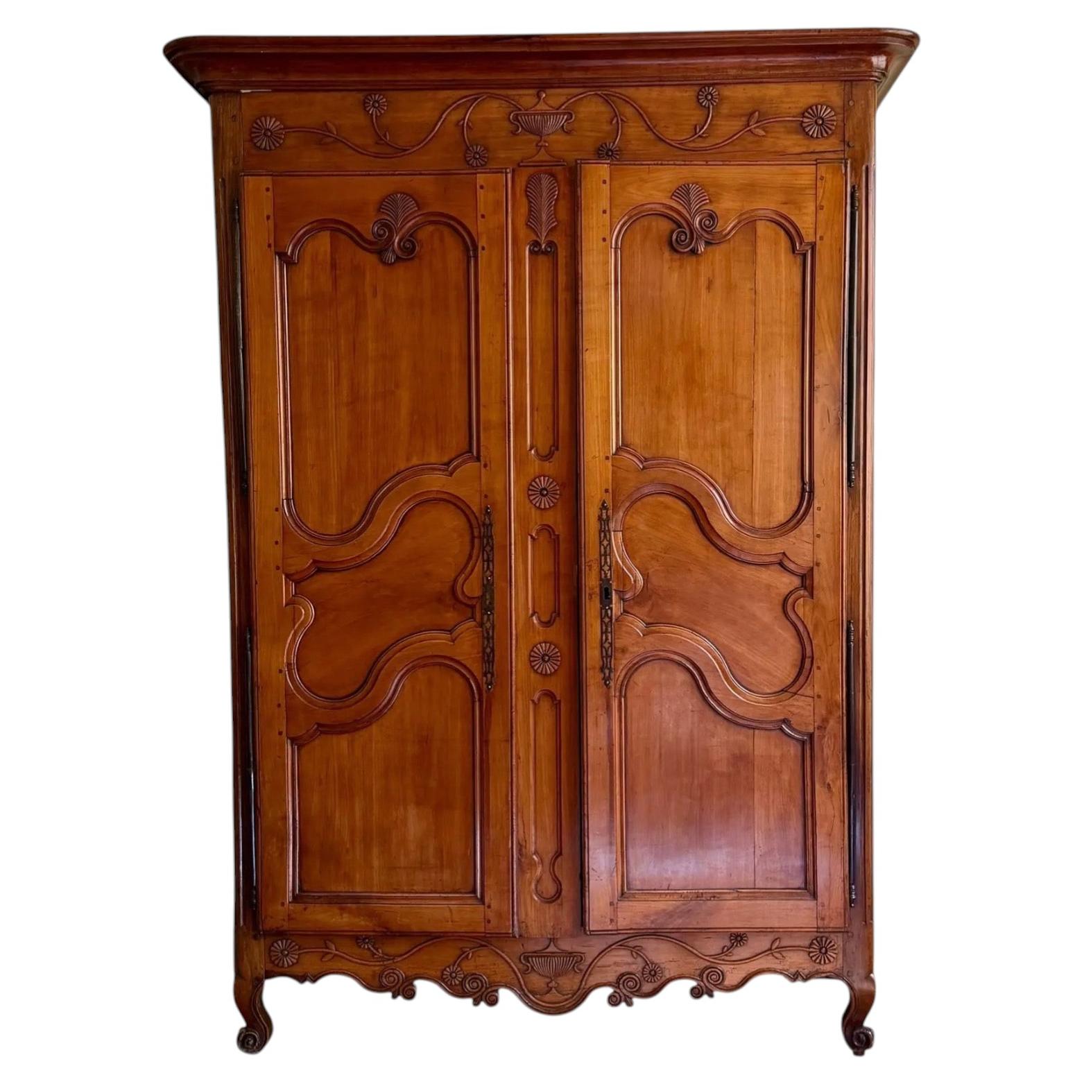 Antique French 18th C Louis XV Fruitwood Linen Press Armoire