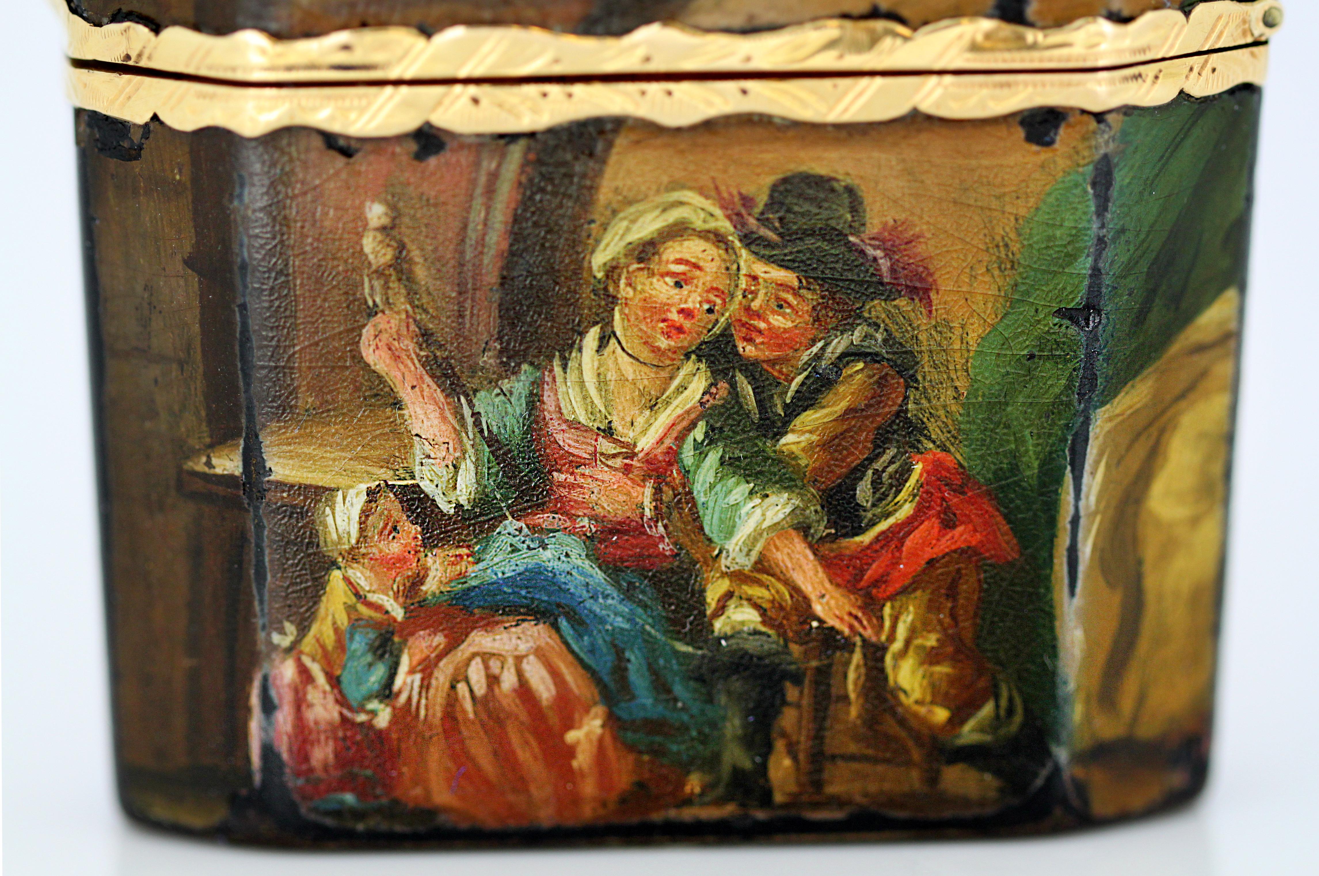 Antique French 18th century (1770) oil painted wooden vanity box with 18k yellow gold.

Made in France Circa 1770.

Makers Mark: JB

Dimensions - 
Length : 5 cm
Width : 2.1 cm
Height : 7.1 cm
Weight: 50 grams

Condition: Item is antique with some