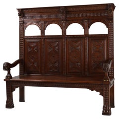 Antique French 18th Century Gothic Style Oak Carved High Back Panel Settle