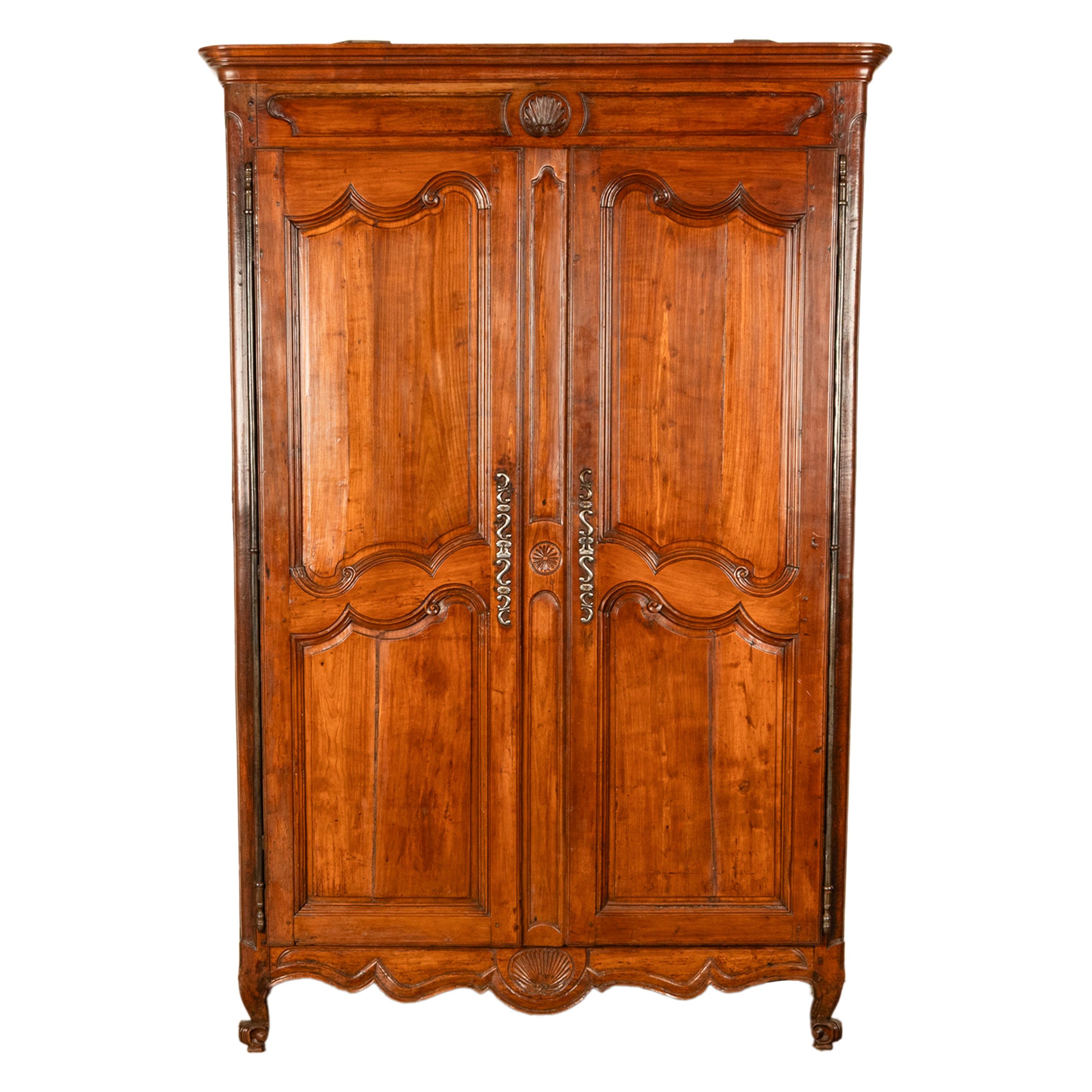 Francese Antique French 18th Century Provincial Carved Cherry Wood Armoire Wardrobe 1780 in vendita