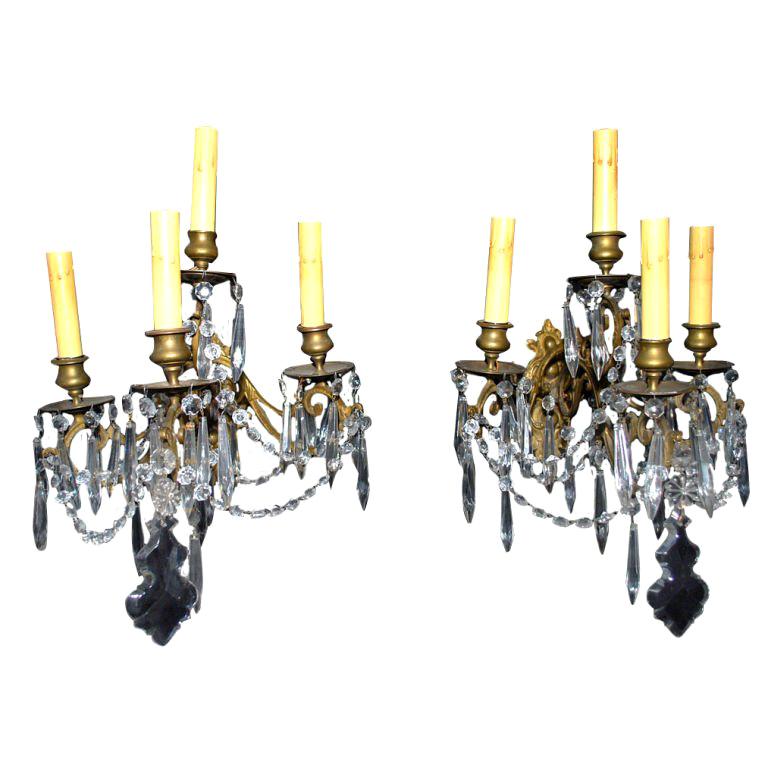 Antique French 19 th century bronze and crystal  sconces