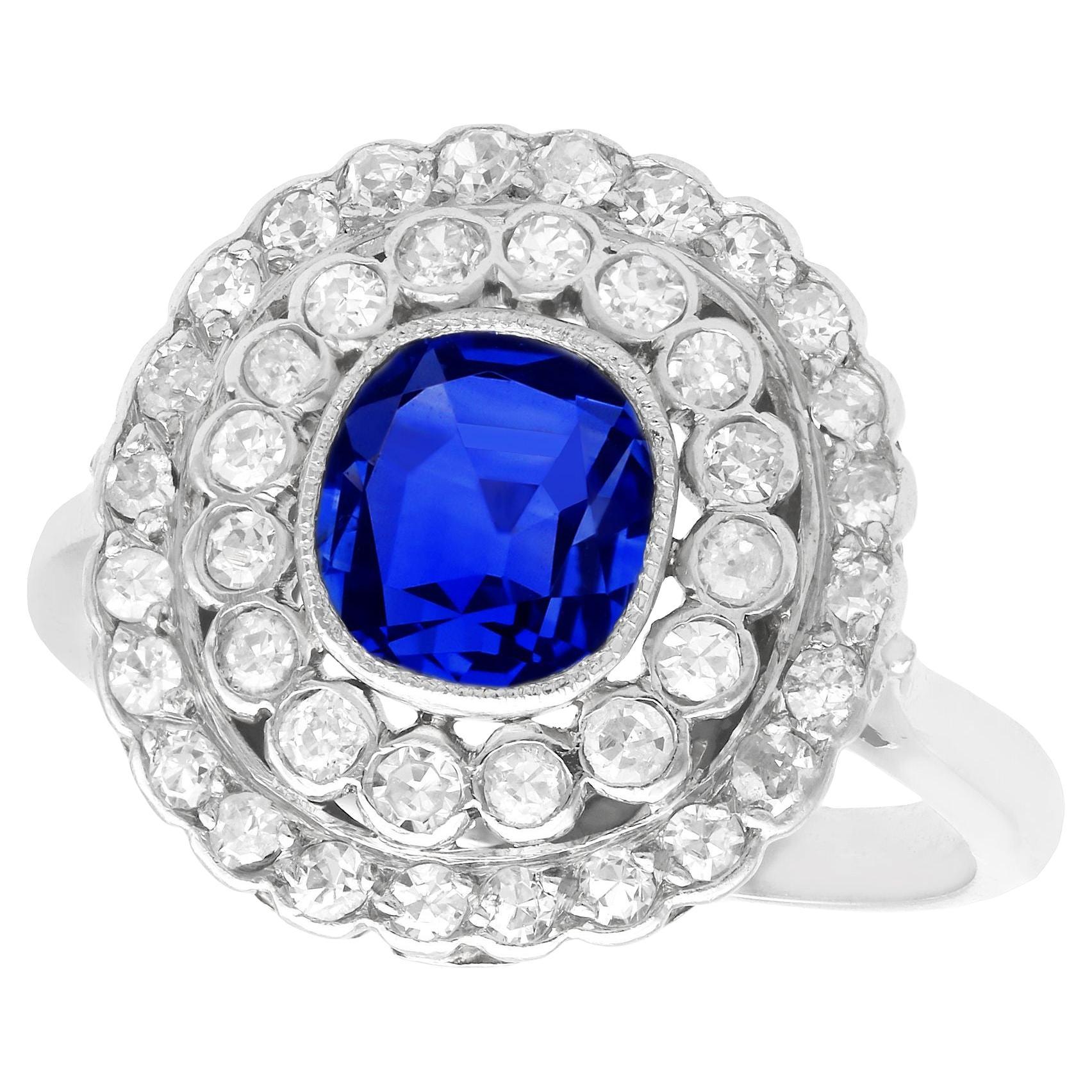 Antique French 1.90 Carat Sapphire 1.10 Carat Diamond White Gold Cluster Ring